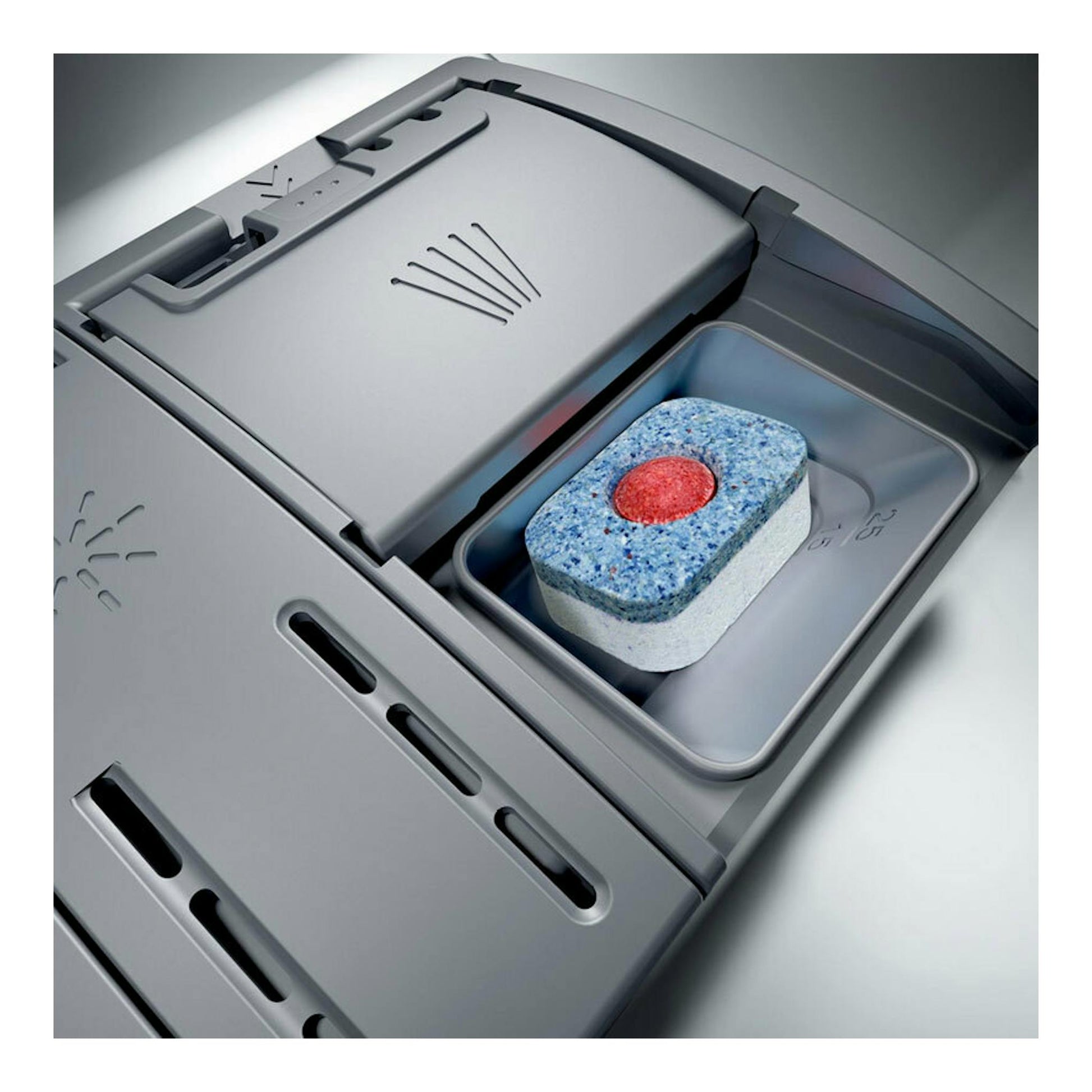 Lavavajillas Bosch SPS4HMW49E gris, vista superior con compartimento de detergente abierto y tableta.