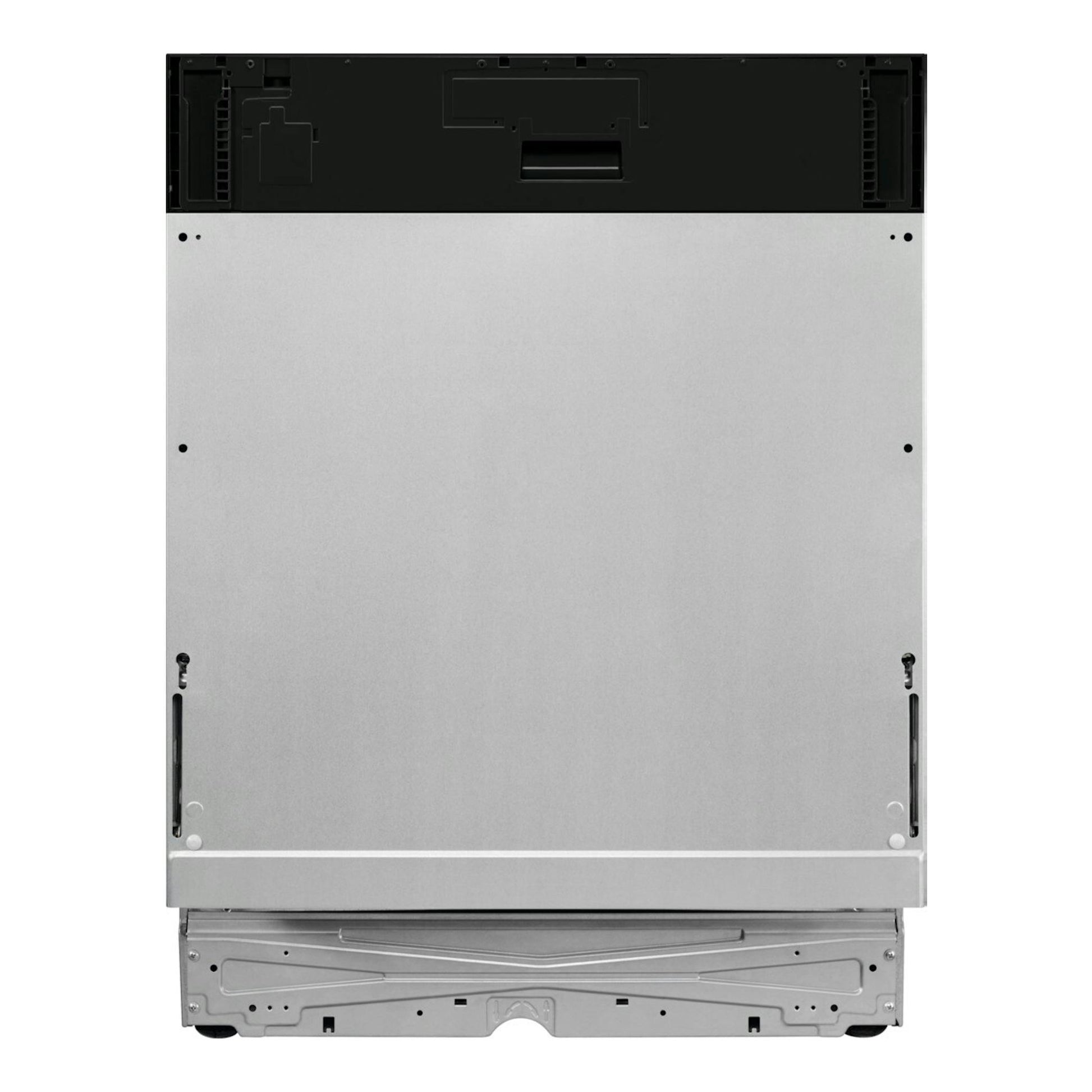 Lavavajillas integrable Electrolux E62LB100S, vista trasera, panel metálico plateado y parte superior negra.