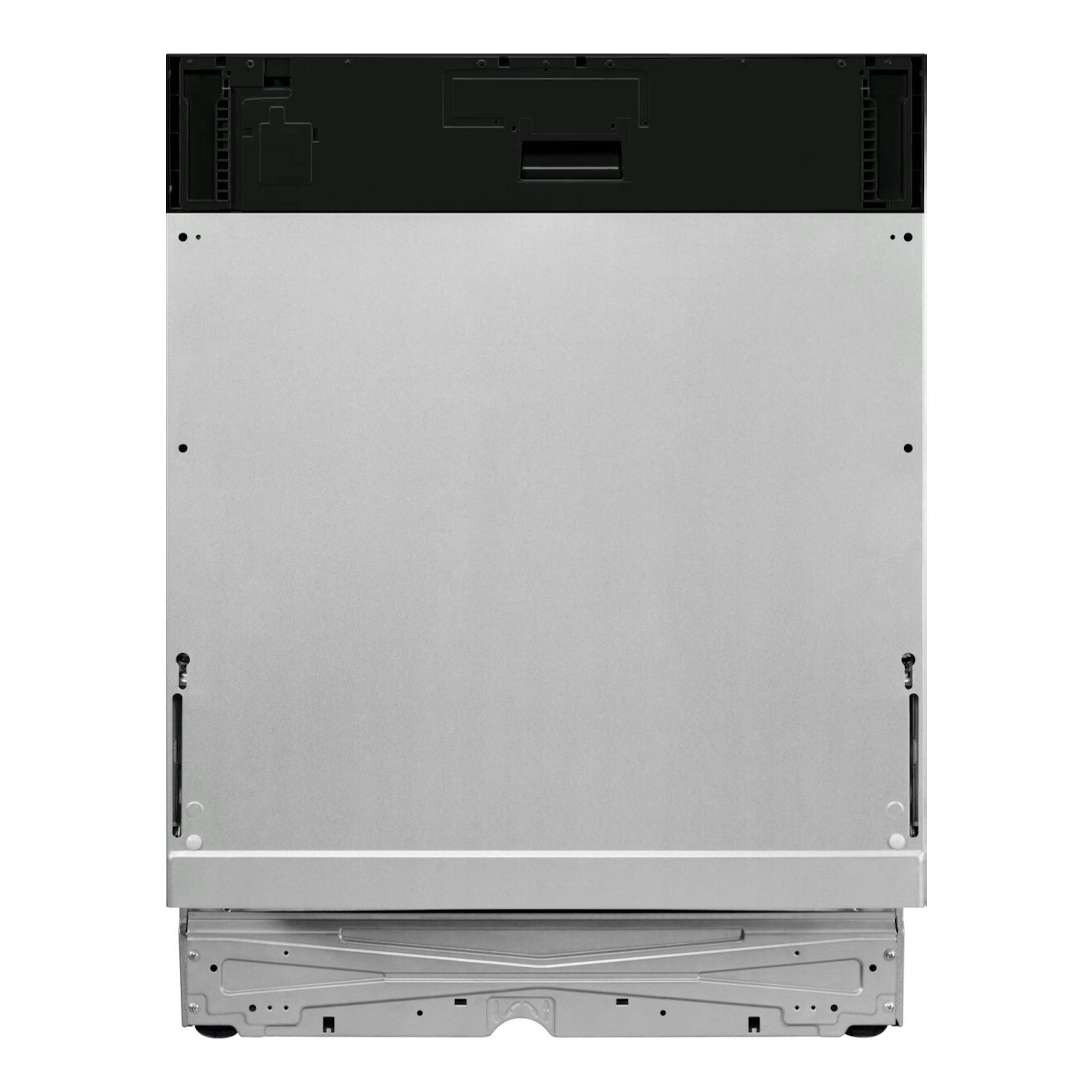 Lavavajillas integrable Electrolux E62LB100S, vista trasera, panel metálico plateado y parte superior negra.