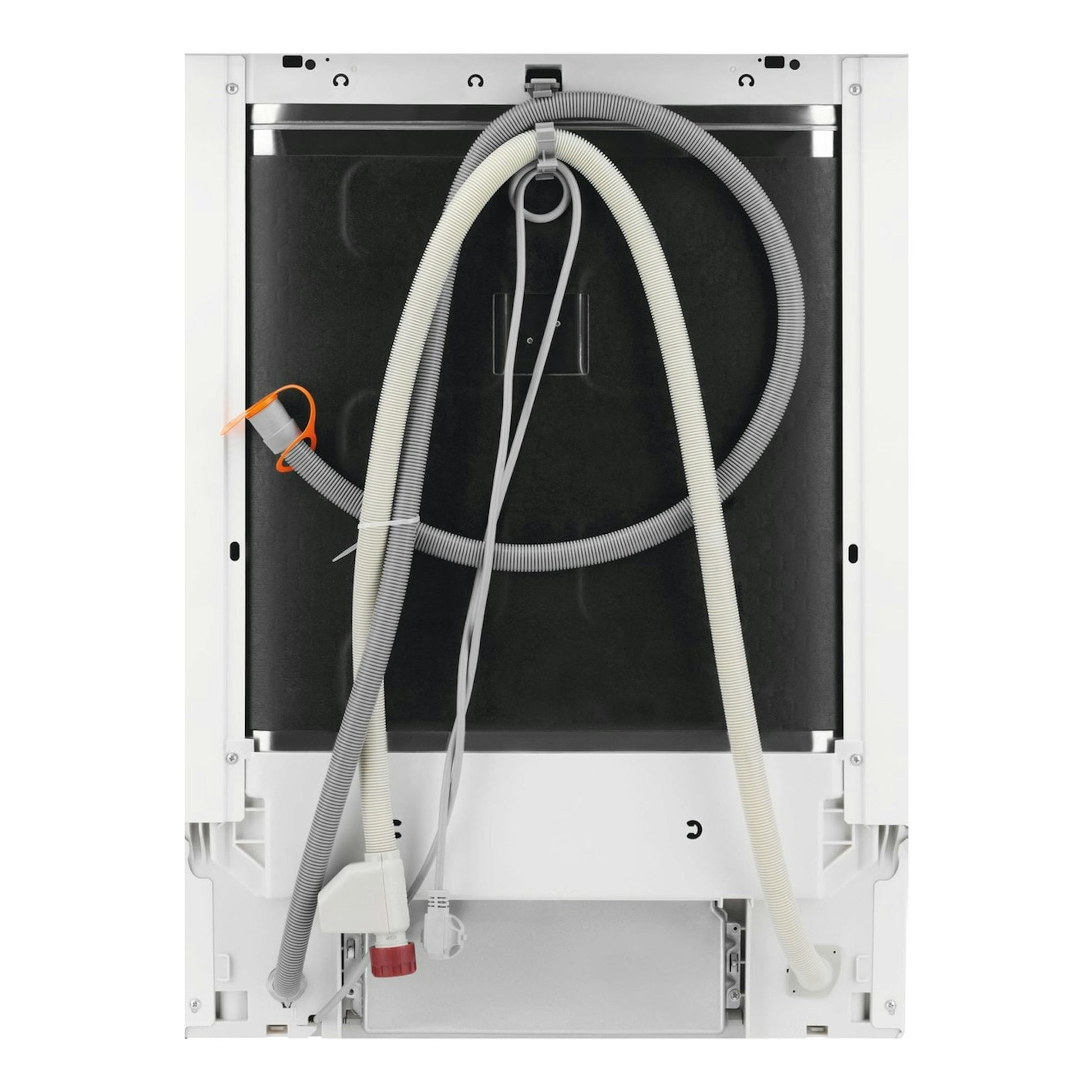 Electrolux E62LB100S, lavavajillas integrable visto por detrás, con mangueras y cableados en blanco y gris.