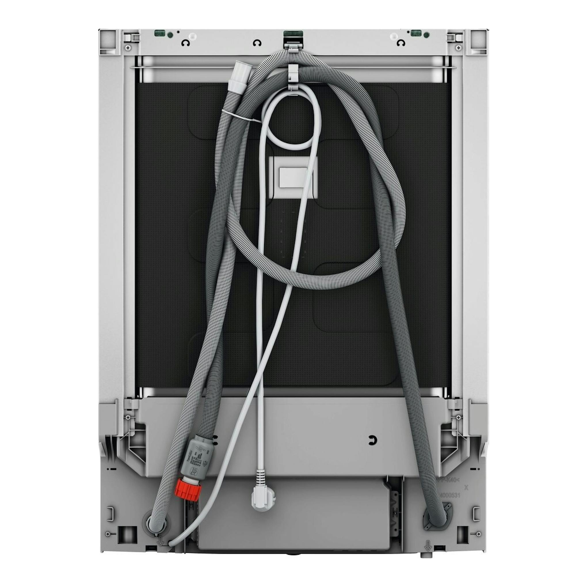 Electrolux E62LB100S, vista trasera de lavavajillas integrable gris con mangueras y cable visibles.