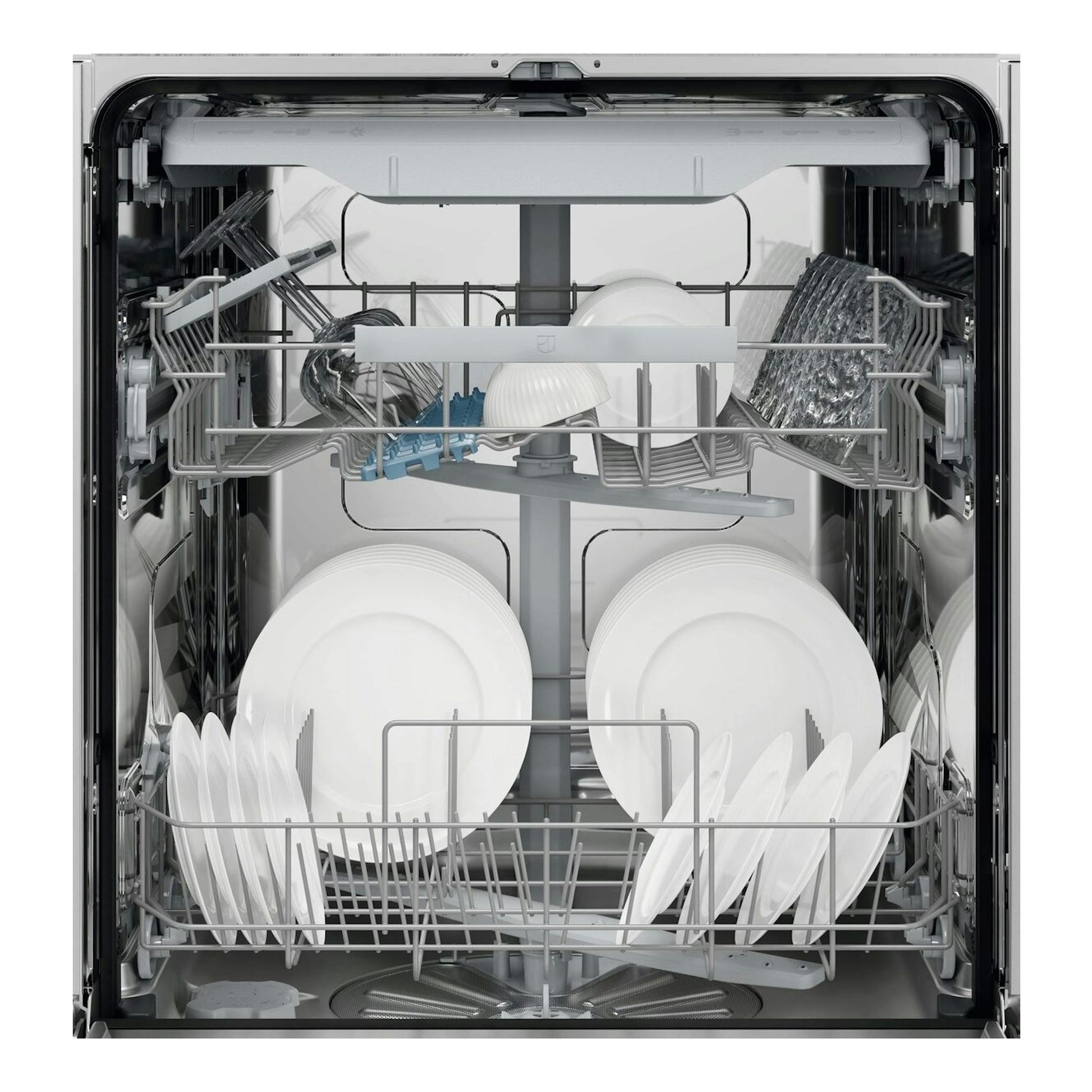 Interior de lavavajillas Electrolux E62LB100S integrable, con platos y copas en cestas metálicas.