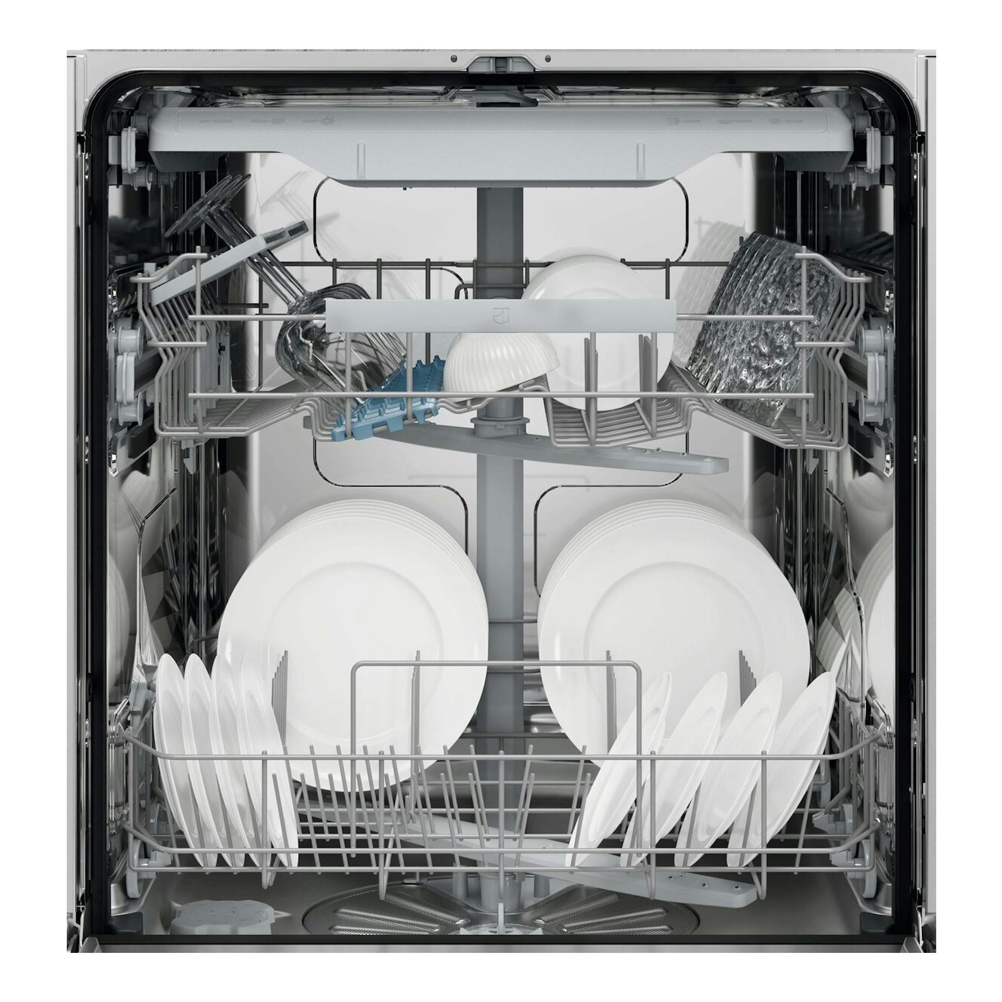 Interior de lavavajillas Electrolux E62LB100S integrable, con platos y copas en cestas metálicas.