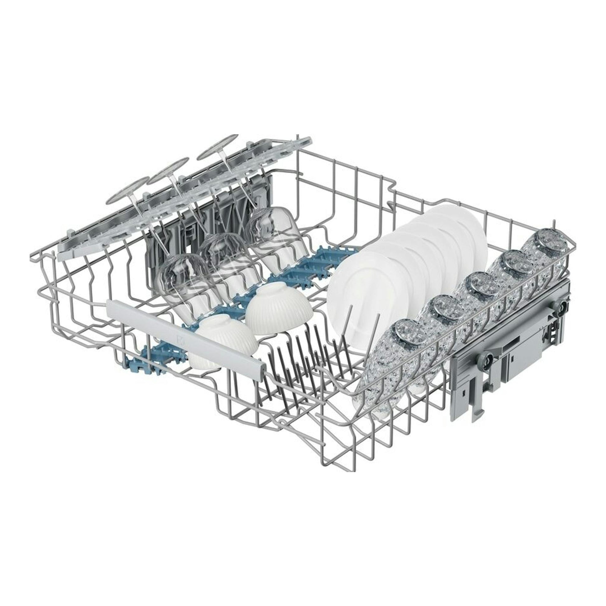 Cesta interior de lavavajillas Electrolux E62LB202S con platos y vasos, vista en ángulo