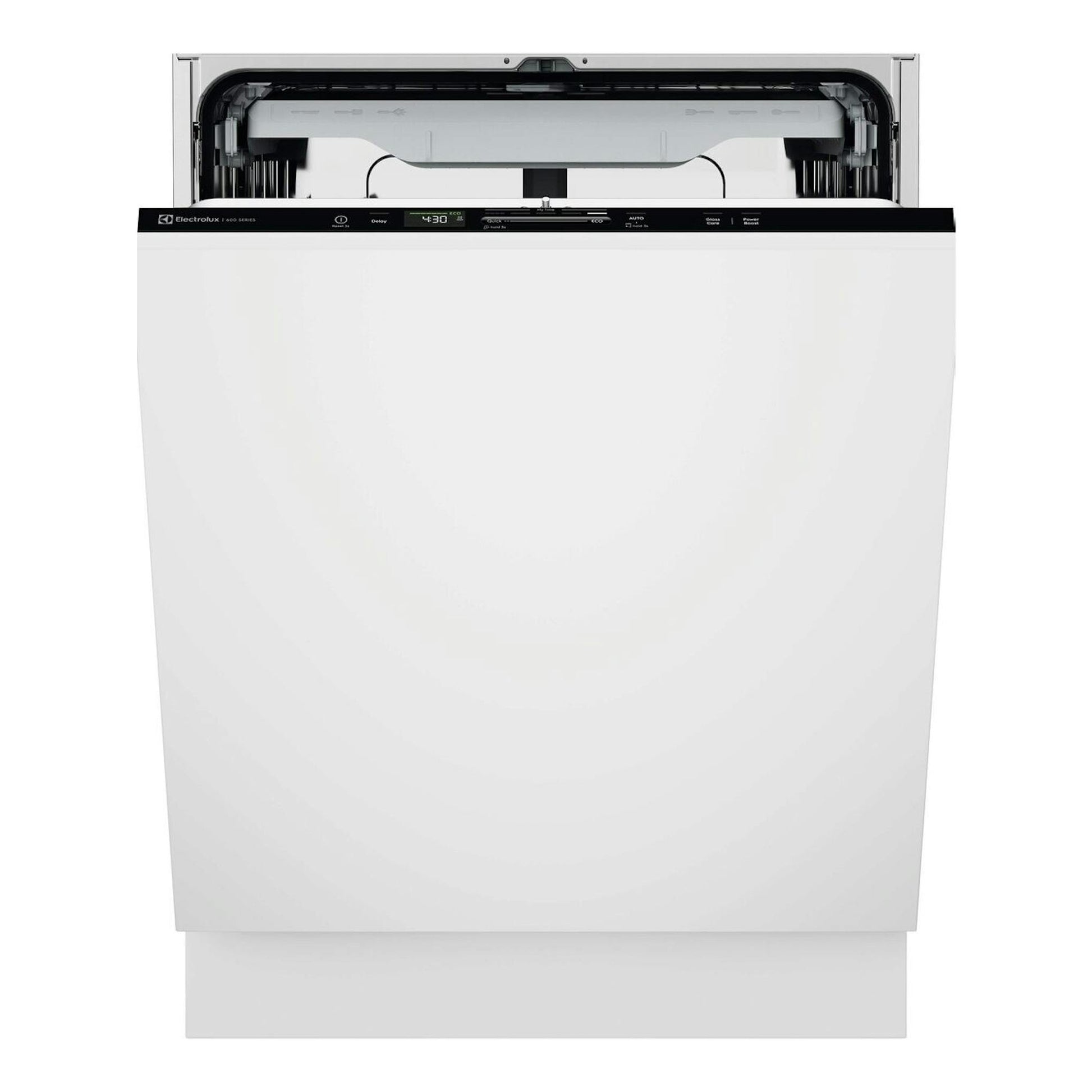 Lavavajillas integrable Electrolux E62LB202S blanco, vista frontal con puerta abierta y panel superior negro.