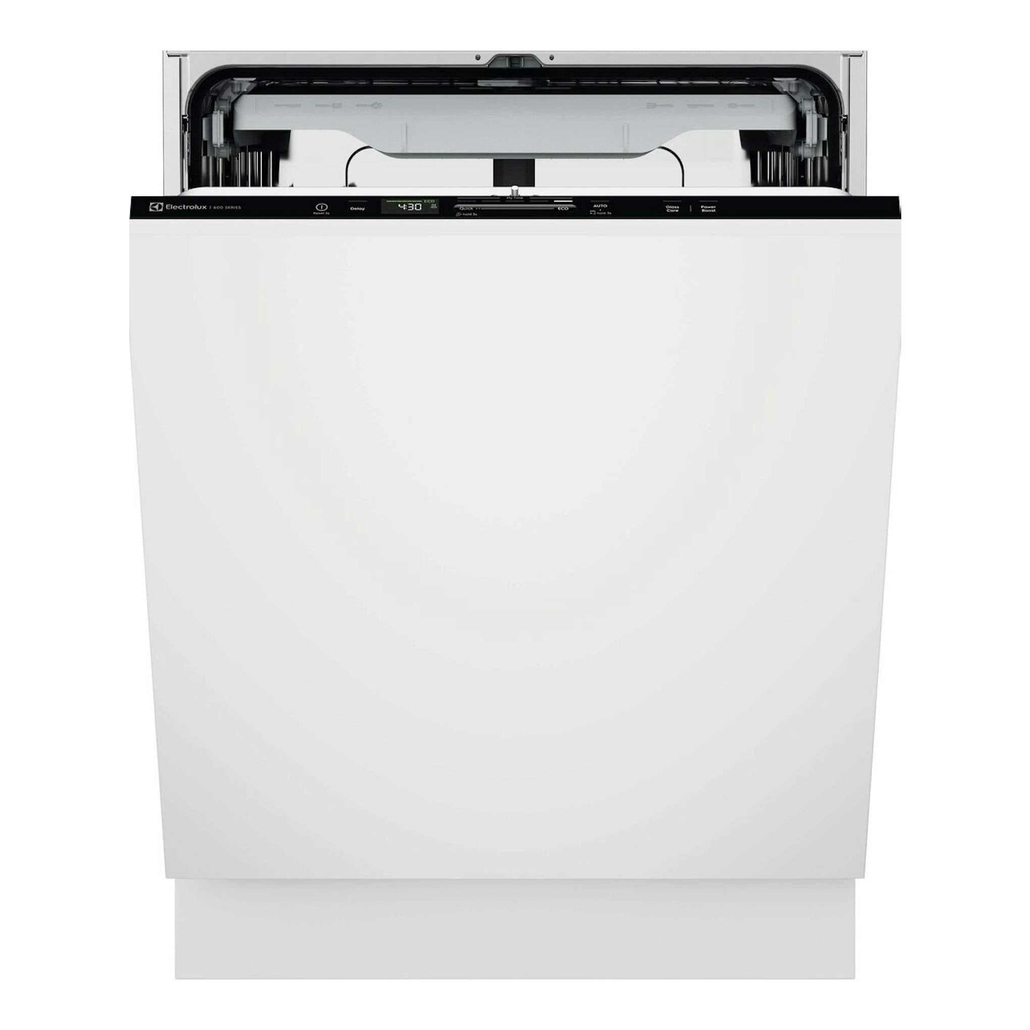 Lavavajillas integrable Electrolux E62LB202S blanco, vista frontal con puerta abierta y panel superior negro.