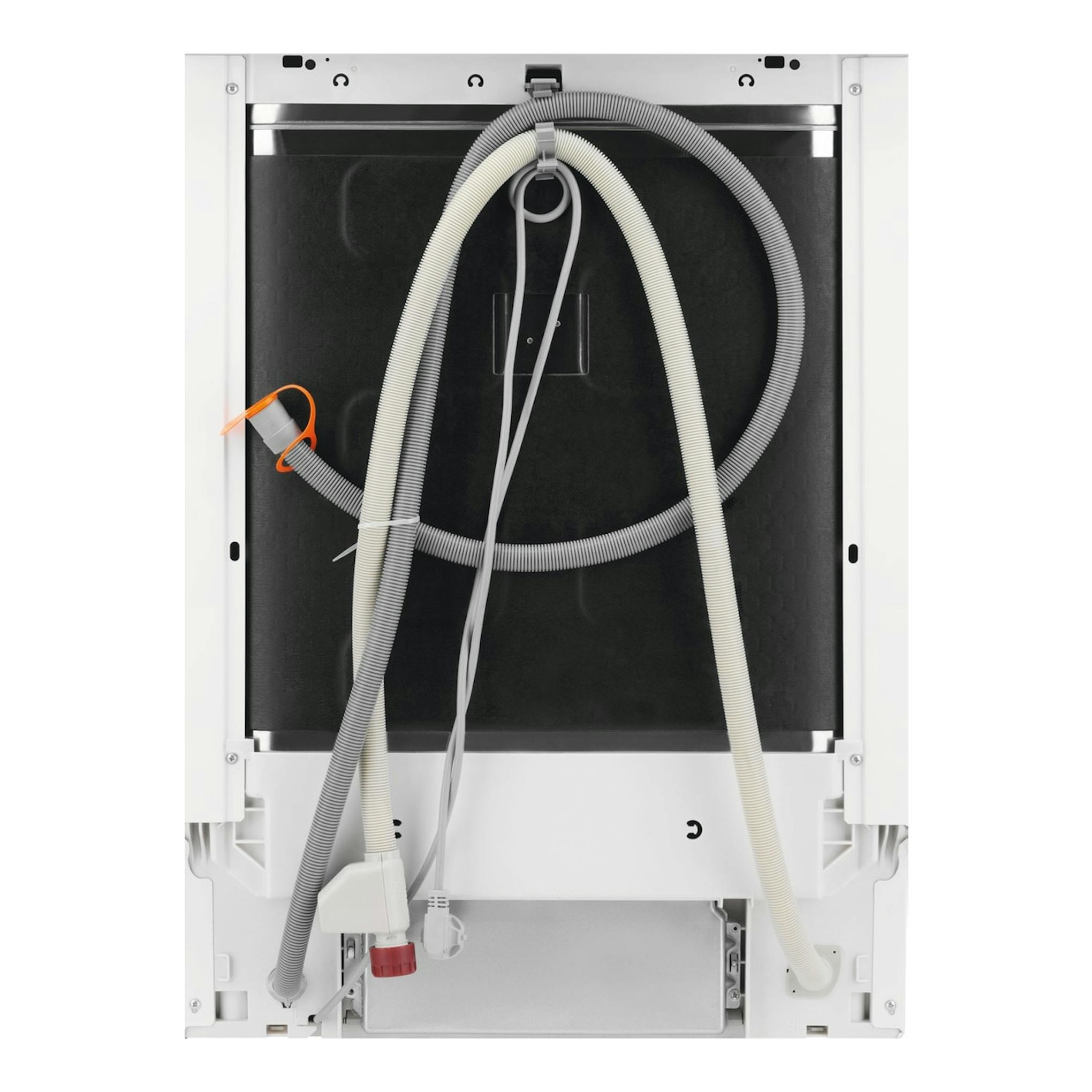 Parte trasera de lavavajillas integrable AEG GT6200B2SNM, con mangueras y cableado visibles, en blanco y negro.
