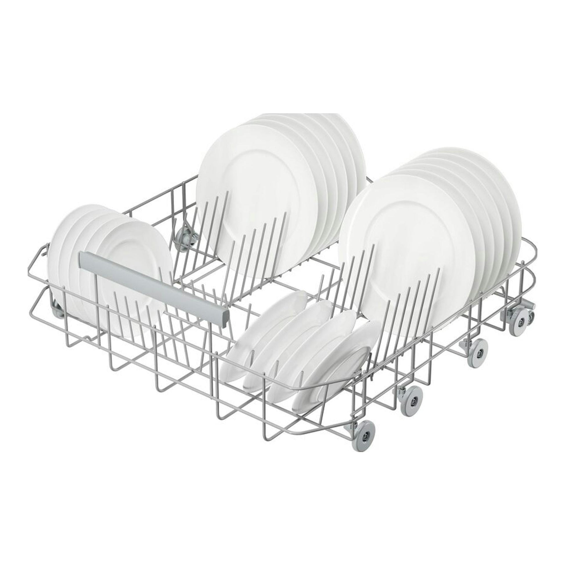 Cesta inferior de lavavajillas Electrolux E62LB202S con platos blancos, vista en ángulo sobre fondo blanco.