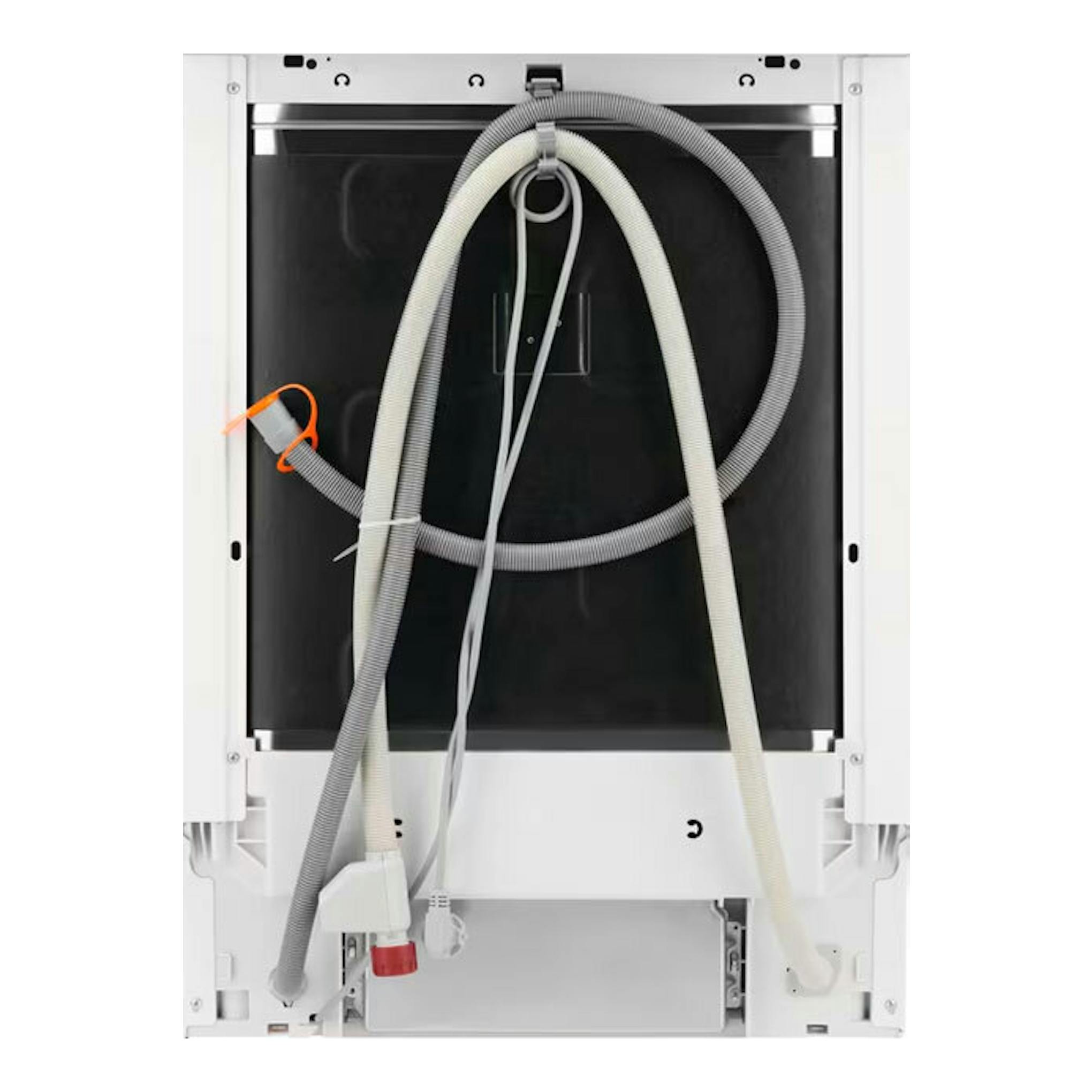 Lavavajillas Electrolux ESA47301SW de 60 cm, vista trasera, blanco, con mangueras y cable visibles.