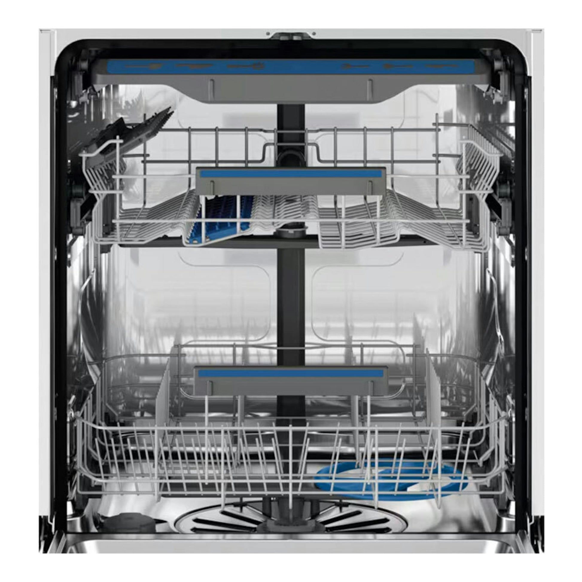 Interior de lavavajillas Electrolux ESM48400SX de acero inoxidable, vista frontal con cestas y bandejas.