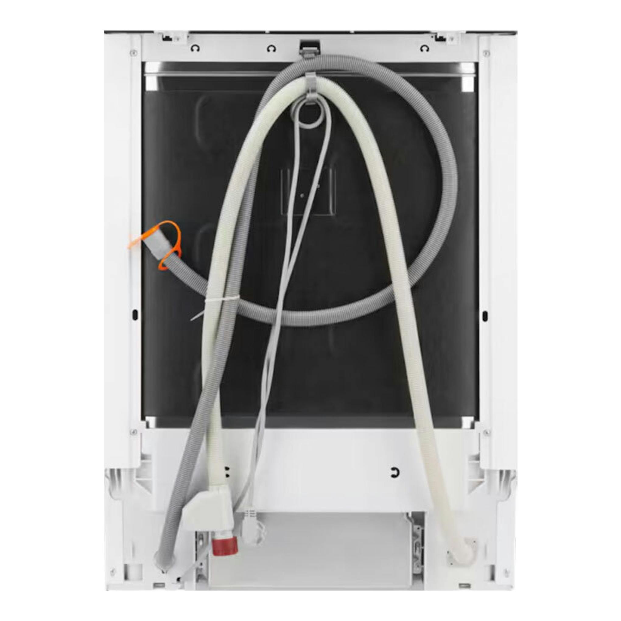 Lavavajillas Electrolux ESM48400SX de 60 cm, vista trasera en blanco con mangueras y cables visibles.