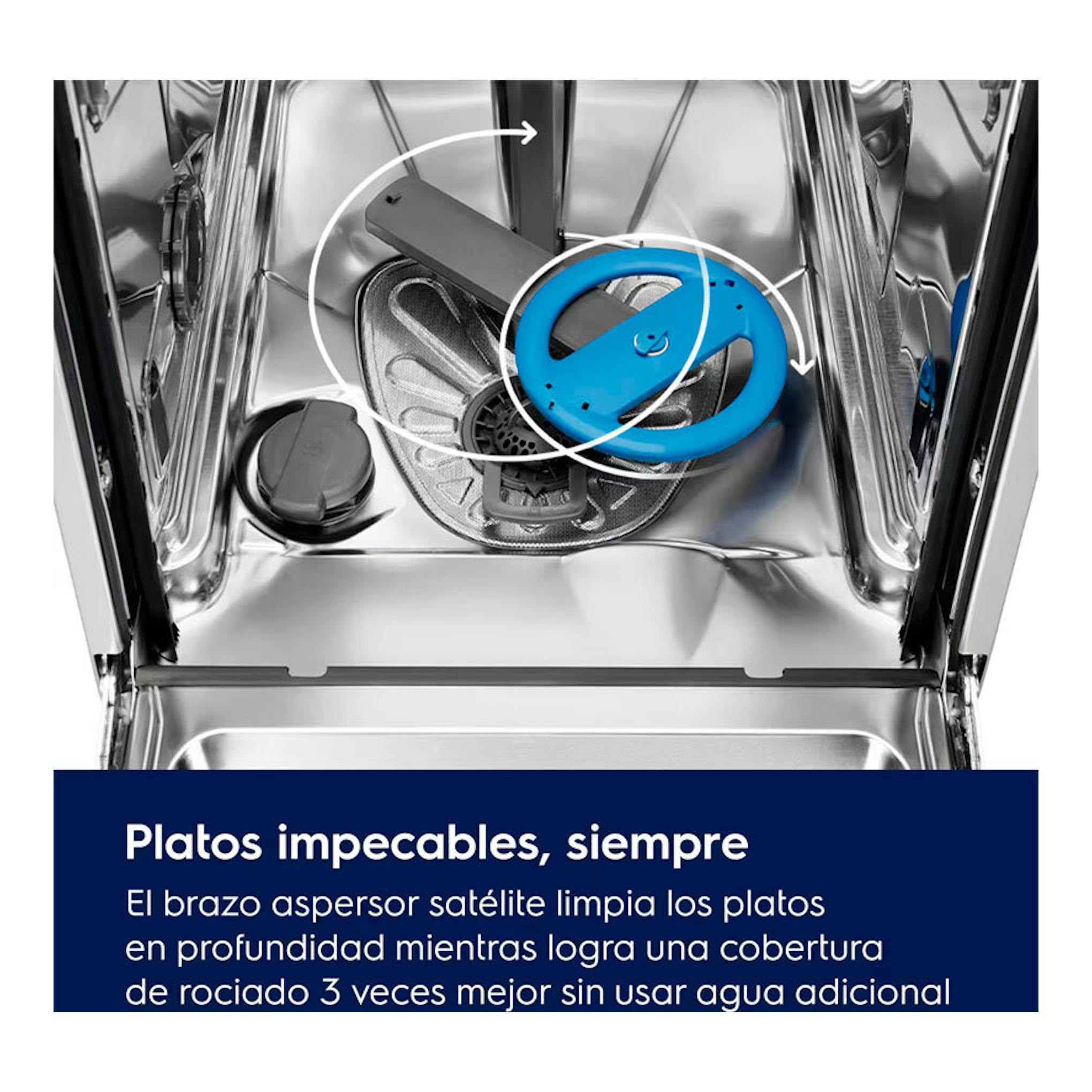 Interior de lavavajillas Electrolux ESM48400SX con brazo aspersor azul y flechas de giro.