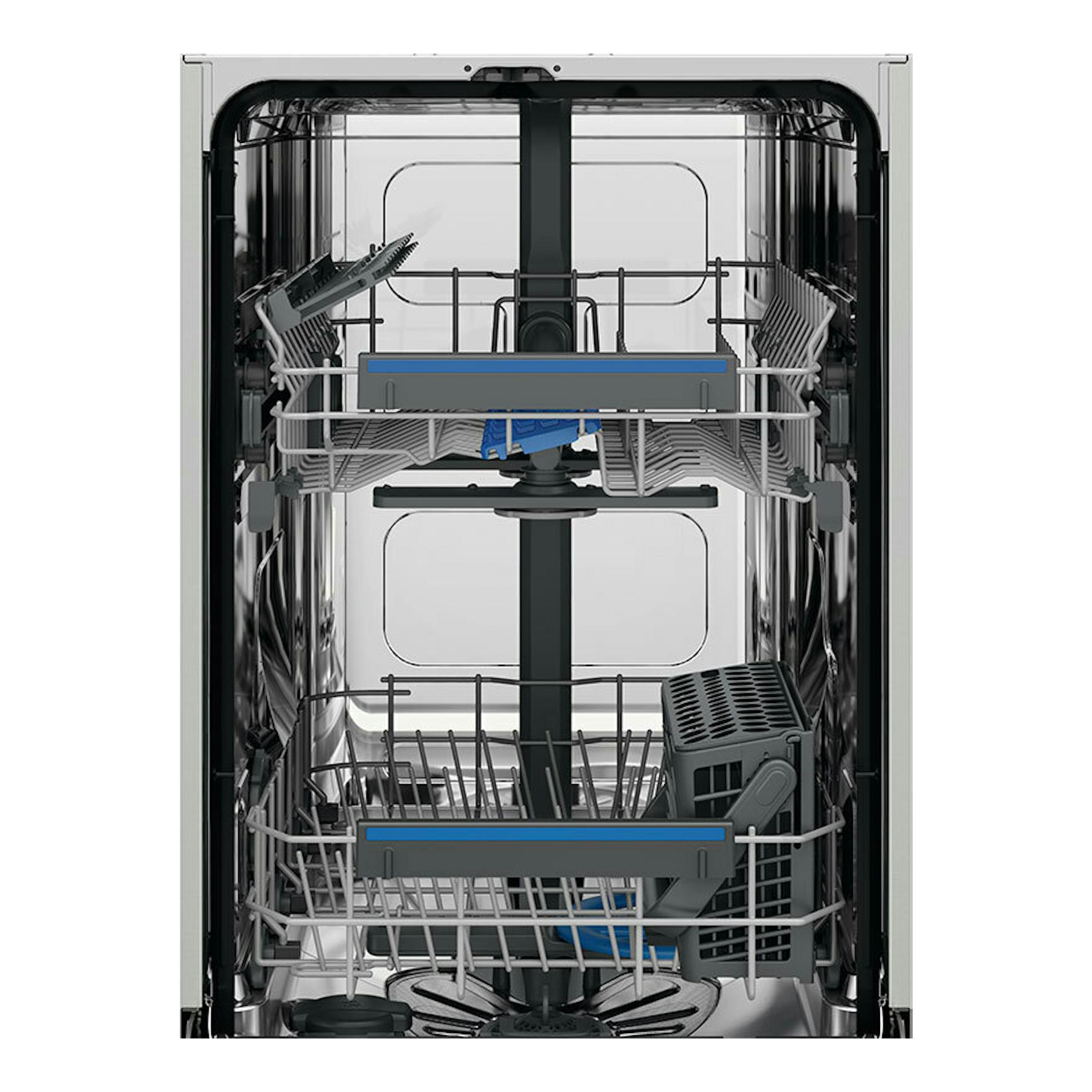 Lavavajillas Electrolux ESS42220SW de 45 cm, vista frontal del interior con cestos y aspersores.