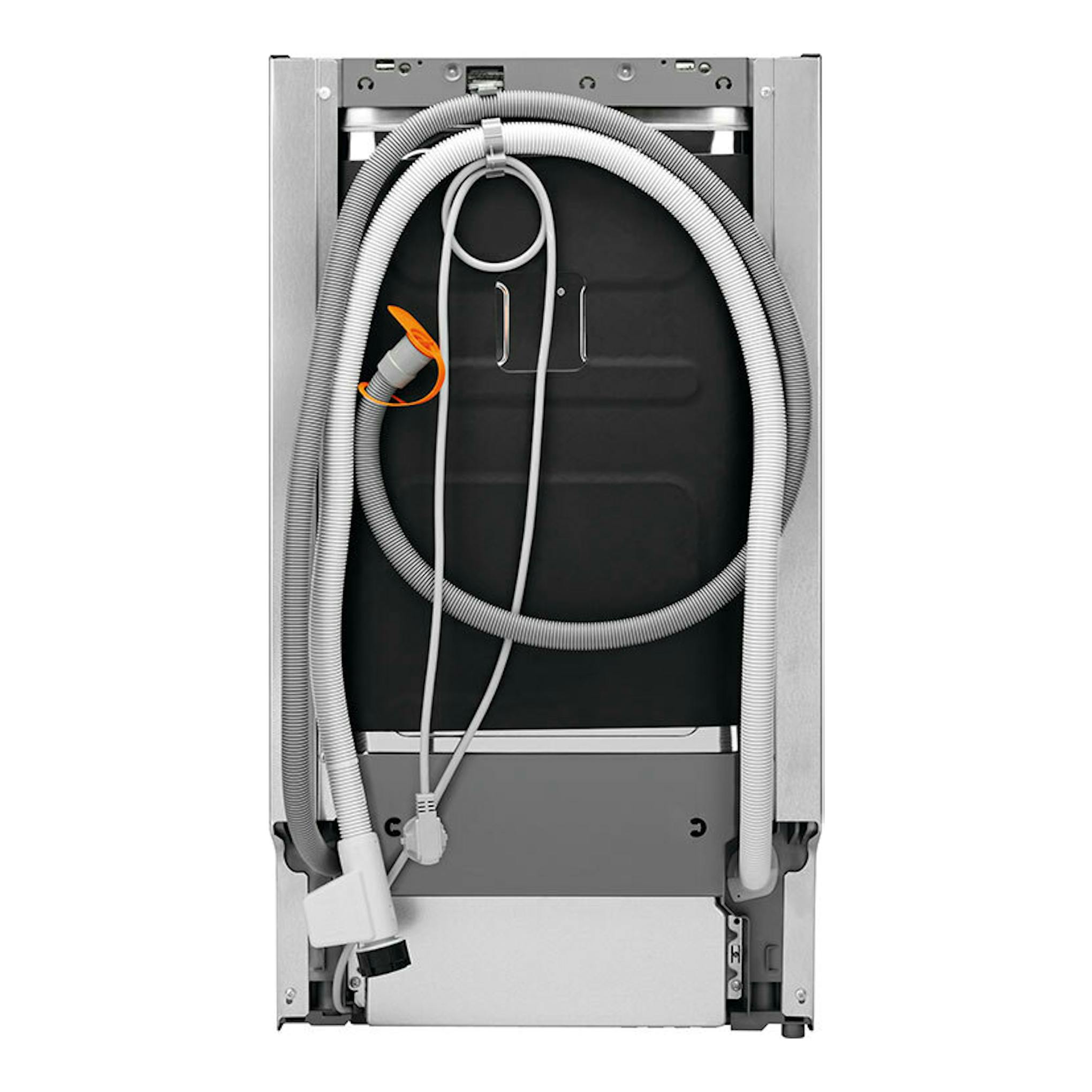Lavavajillas Electrolux ESS42220SW 45 cm, vista trasera, con mangueras y cables visibles.