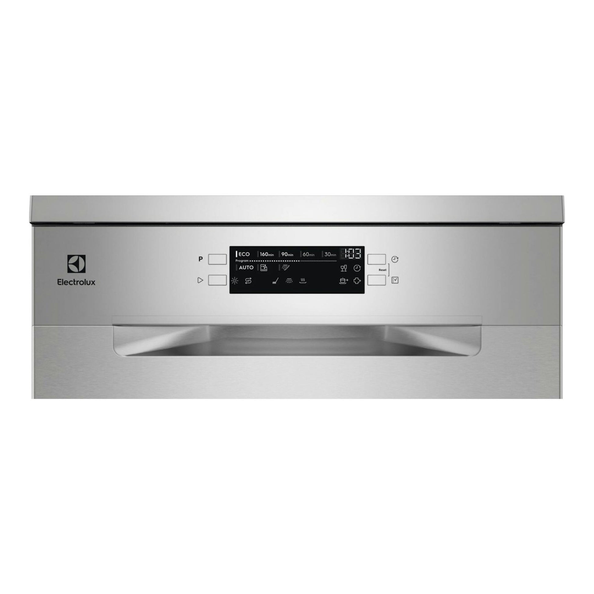 Lavavajillas Electrolux ESS47400SX de libre instalación, vista frontal, acabado inox, con panel digital superior.