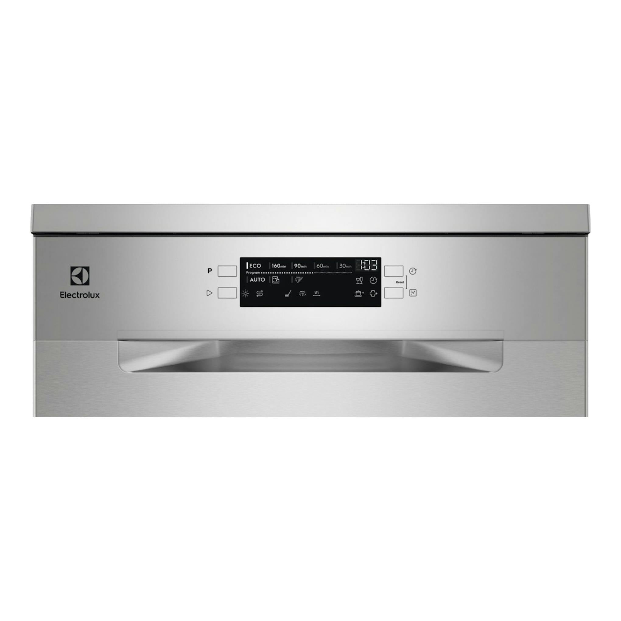 Lavavajillas Electrolux ESS47400SX de libre instalación, vista frontal, acabado inox, con panel digital superior.