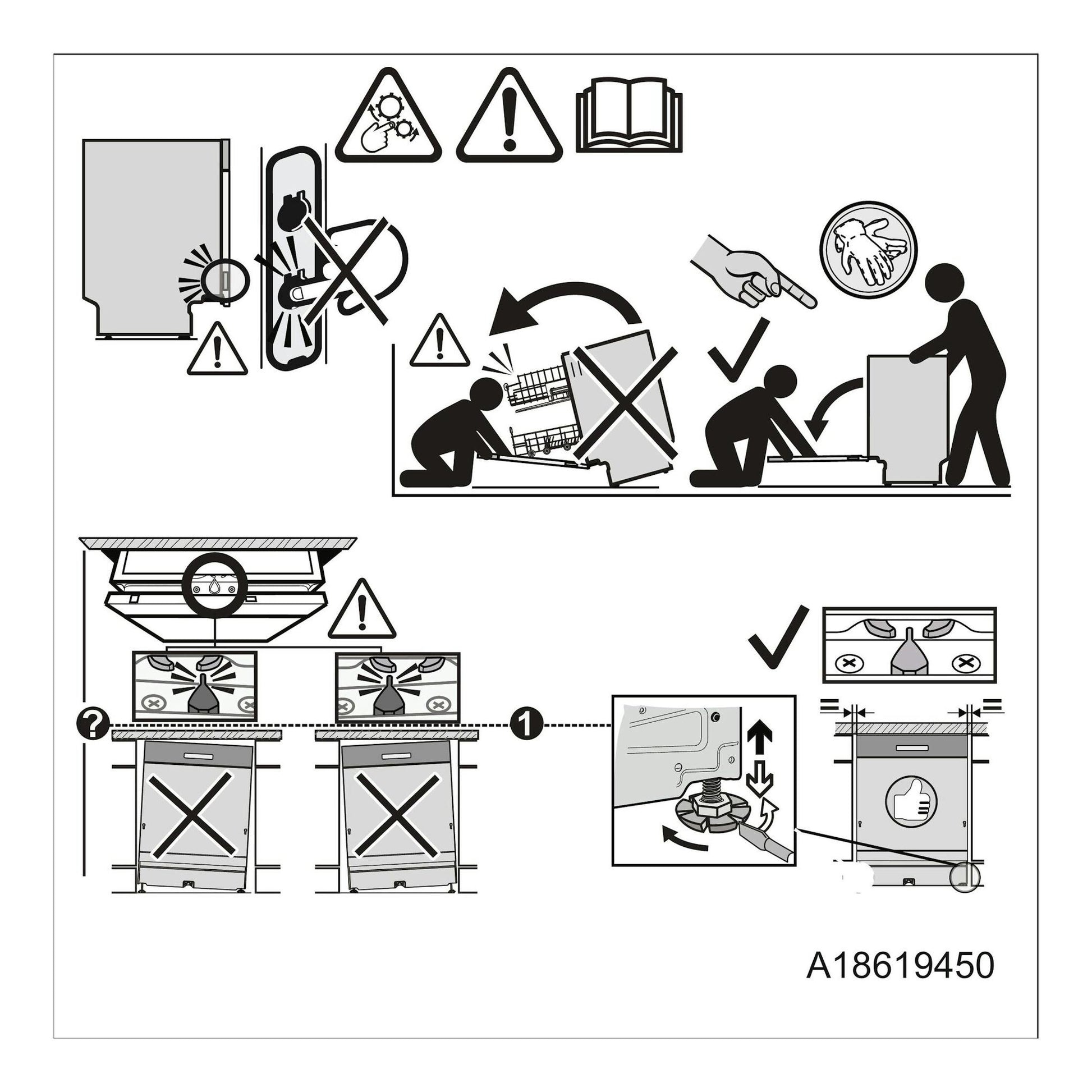 Diagrama de instalación en blanco y negro del lavavajillas Electrolux ESS47400SX, vista frontal.