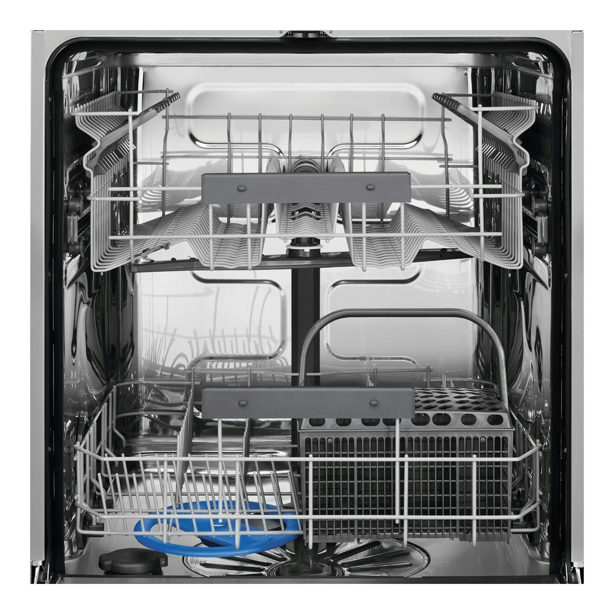 Lavavajillas Electrolux ESS47400SX en inox, vista frontal del interior con cestas y bandeja.