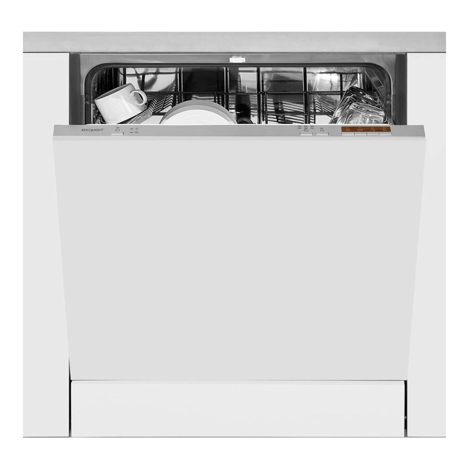 Lavavajillas Exquisit EGSP6312-E-030E, vista frontal, puerta abierta, panel blanco con interior cargado.