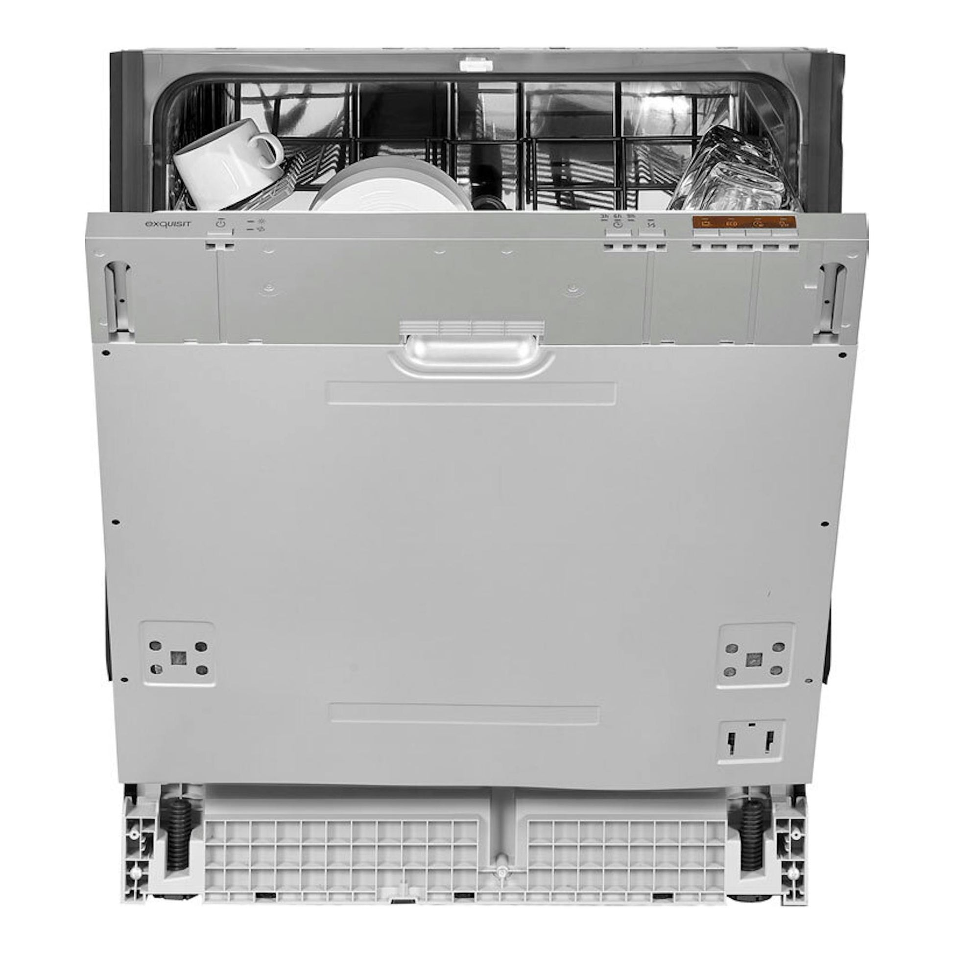 Lavavajillas Exquisit EGSP6312-E-030E inox, vista frontal con la puerta abierta y cestas interiores.