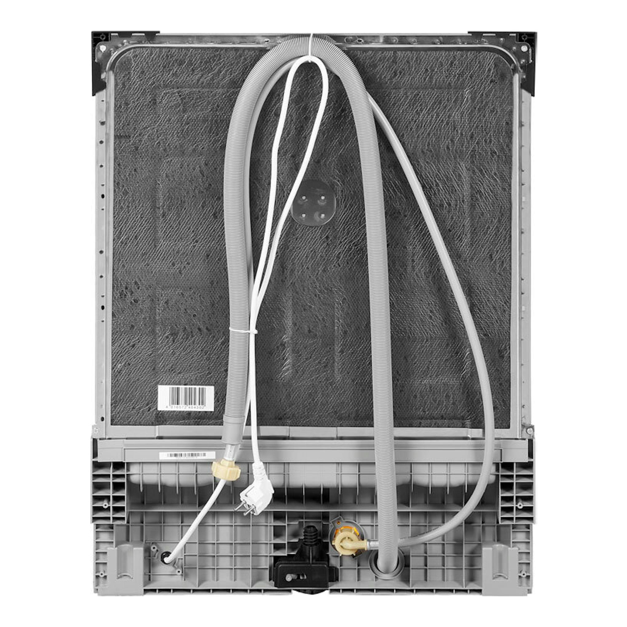 Lavavajillas Exquisit EGSP6312-E-030E Inox, vista trasera con mangueras y base gris.