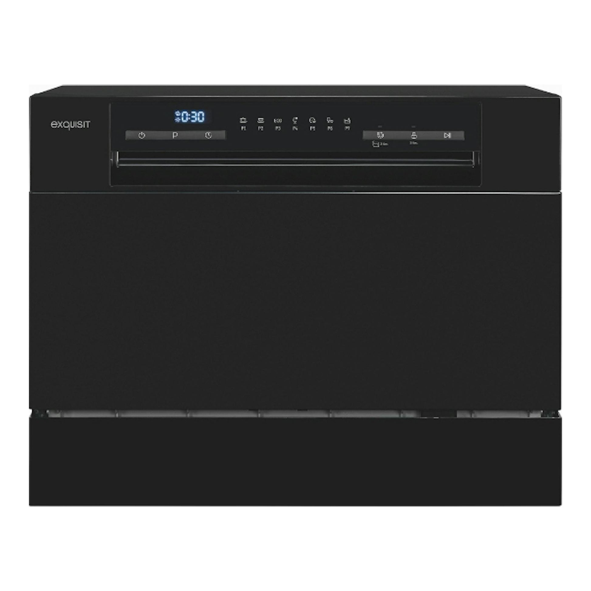 Lavavajillas Exquisit GSP206-030D negro, vista frontal, con panel digital superior.