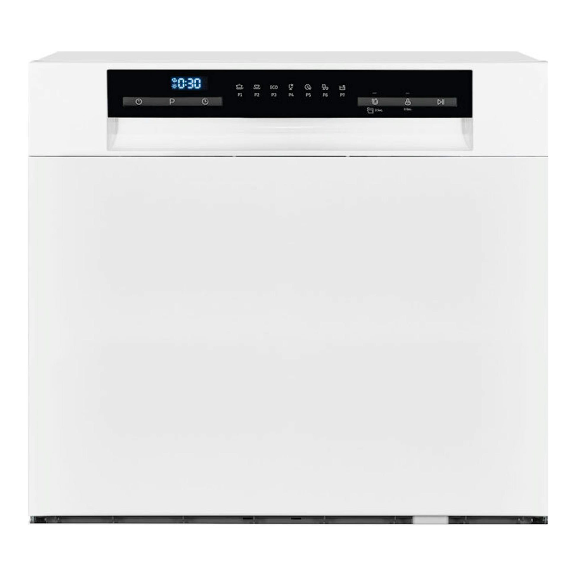 Lavavajillas Exquisit GSP508-030D blanco, vista frontal, panel de control negro superior.