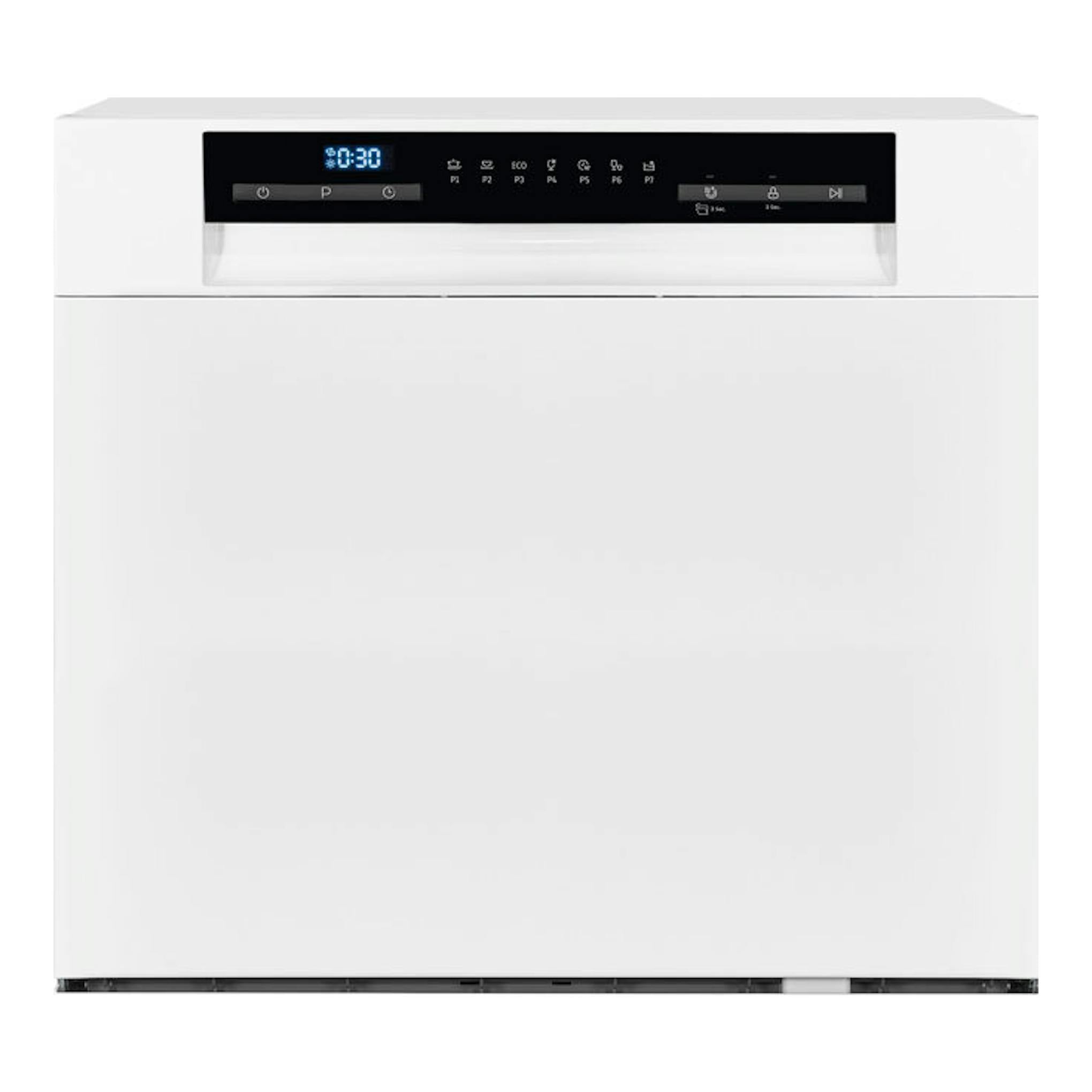 Lavavajillas Exquisit GSP508-030D blanco, vista frontal, panel de control negro superior.
