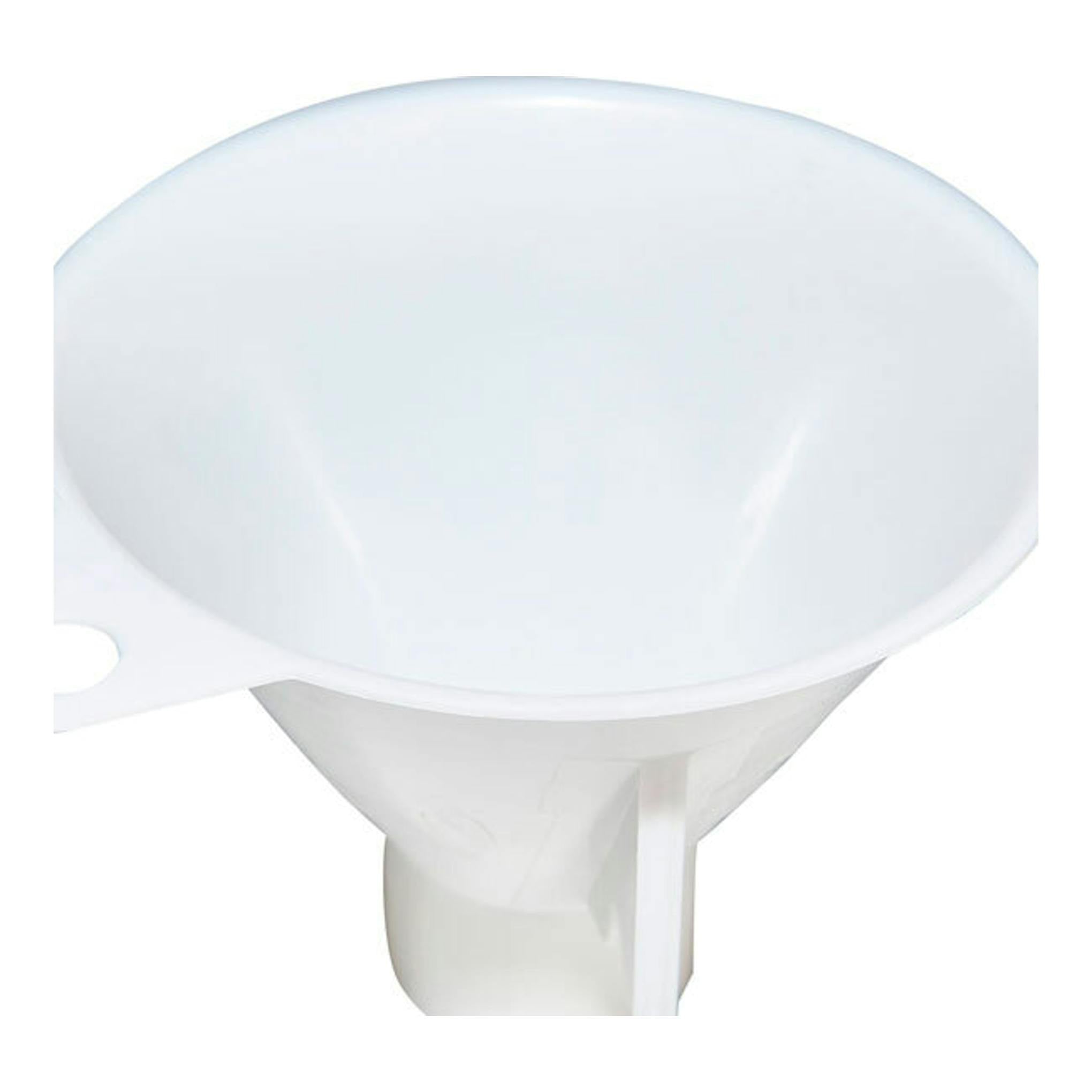 Embudo blanco de plástico, vista frontal y superior, con asa lateral.