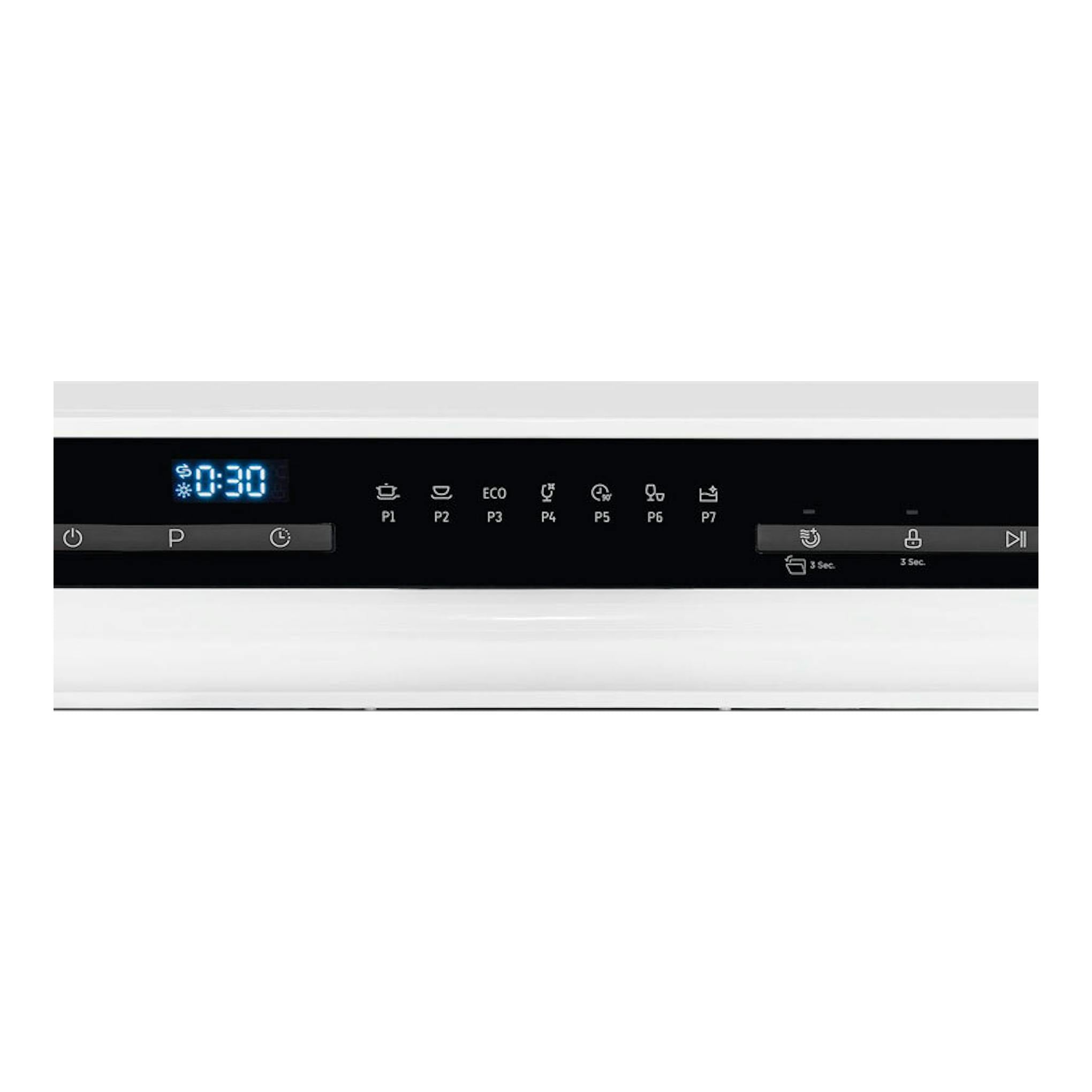 Lavavajillas Exquisit GSP508-030D blanco, vista frontal del panel con pantalla azul.