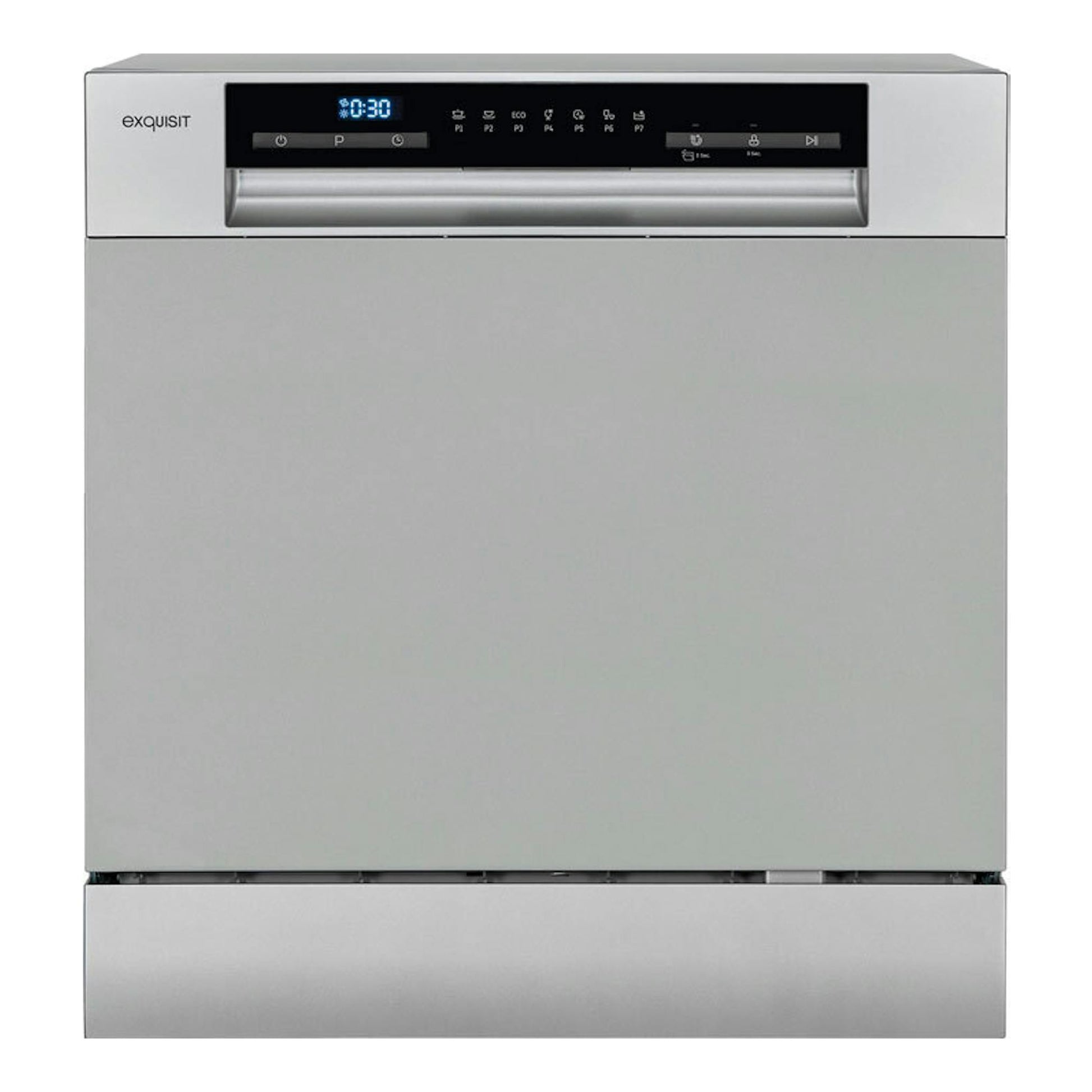 Lavavajillas Exquisit GSP508-030D Inox, vista frontal en acero inoxidable con panel digital superior.