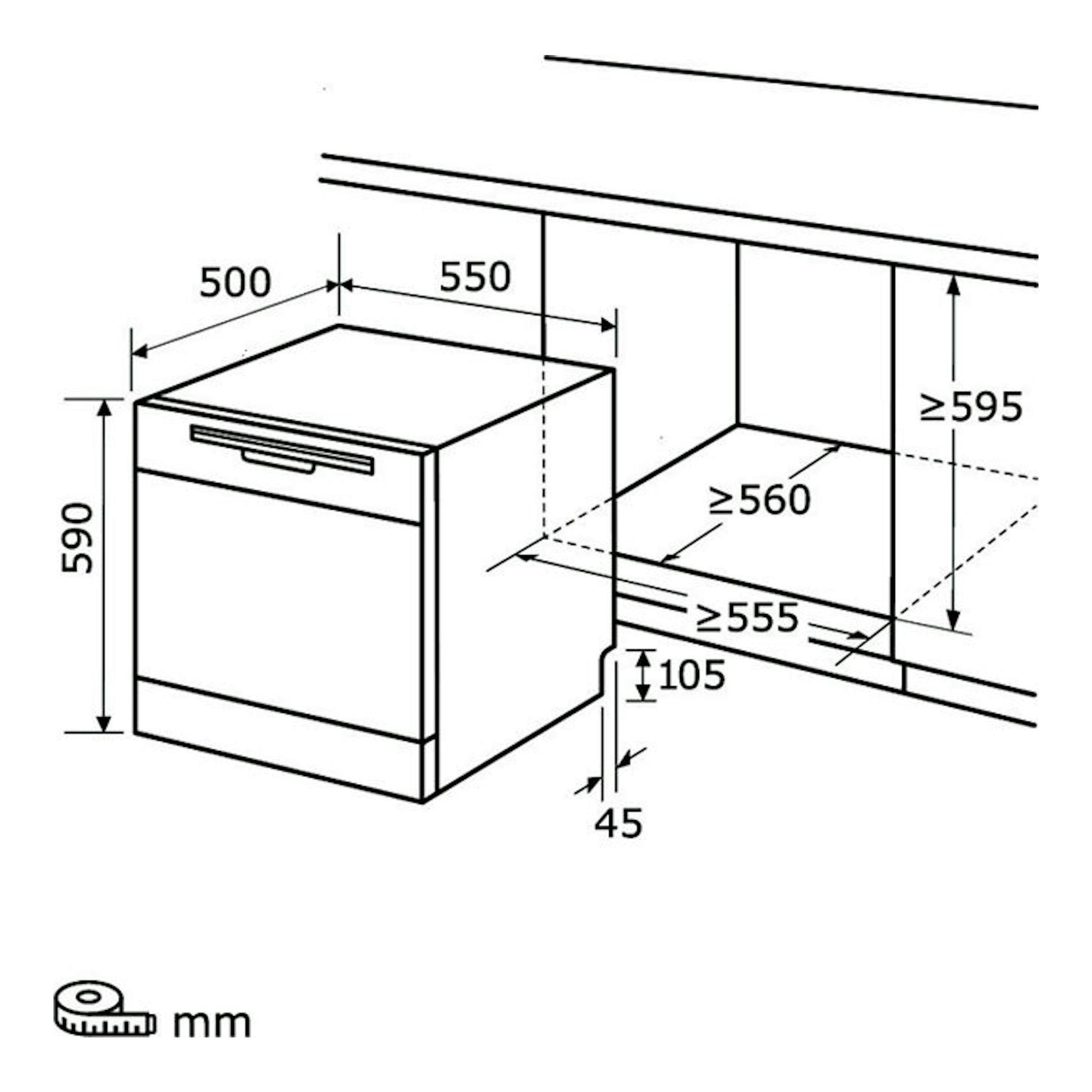 Diagrama de instalación de lavavajillas Exquisit GSP508-030D Inox, vista frontal con medidas en mm.