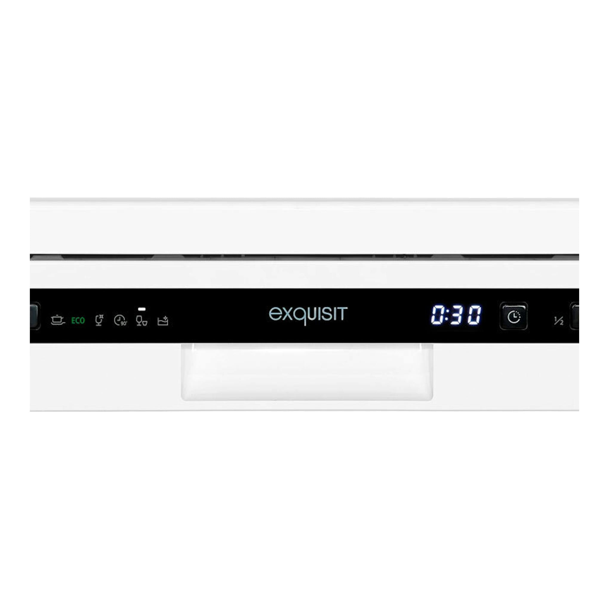 Lavavajillas Exquisit GSP6312-030E blanco, vista frontal parcial con panel negro y display digital 0:30.