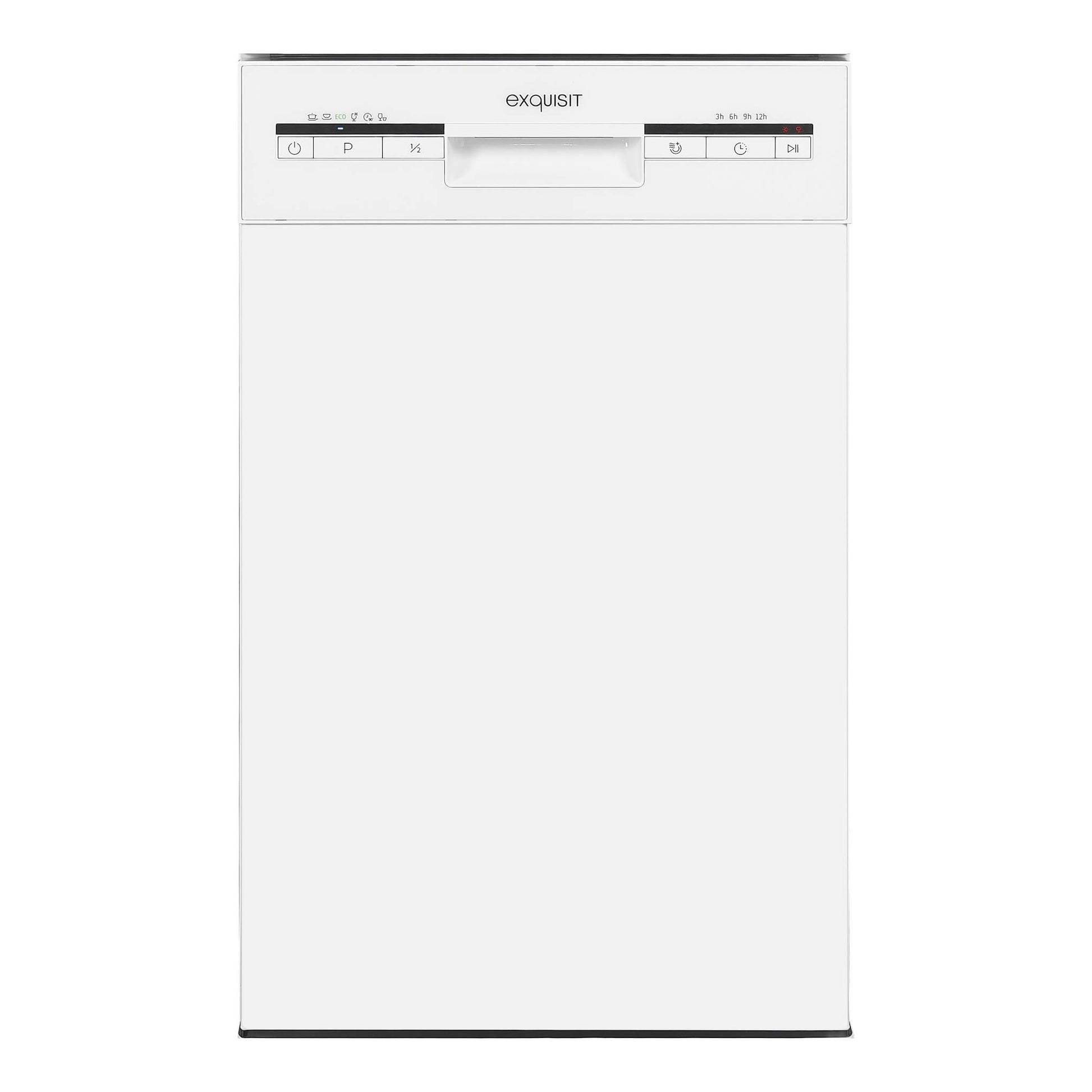 Lavavajillas Exquisit GSP9109-030E blanco, vista frontal, panel superior de control.