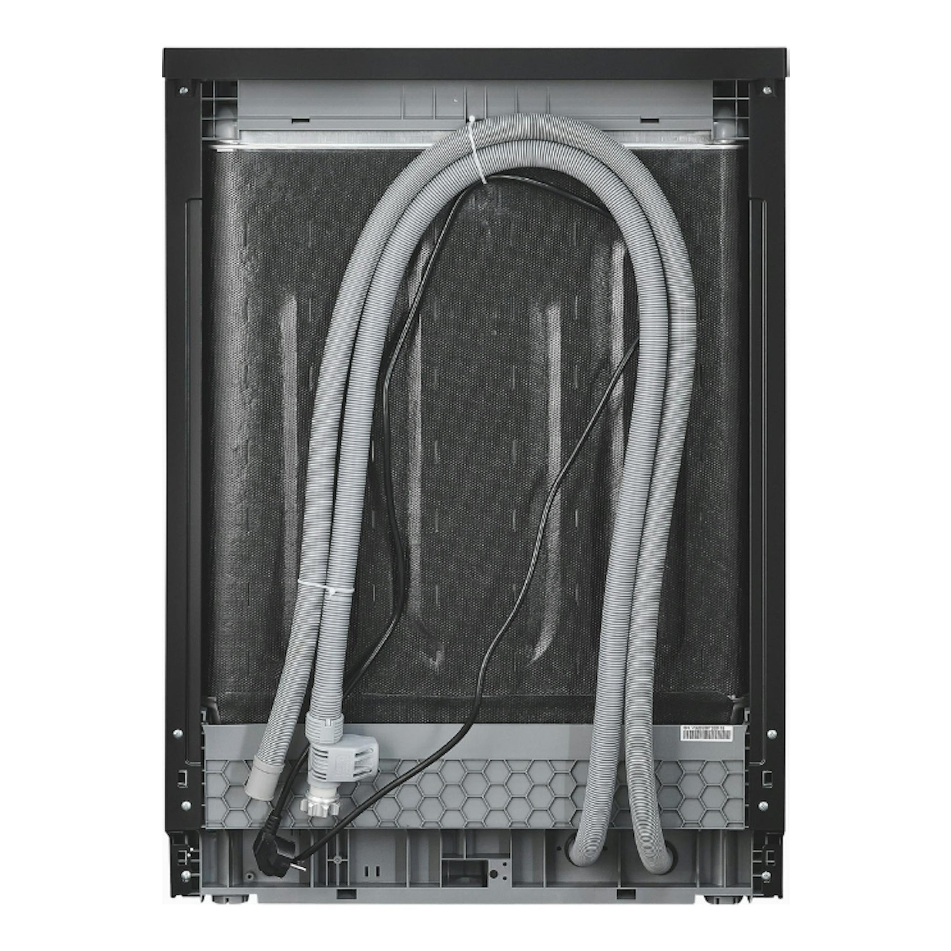 Lavavajillas Exquisit GSP9114-450D negro, visto por detrás, con mangueras y cables visibles.