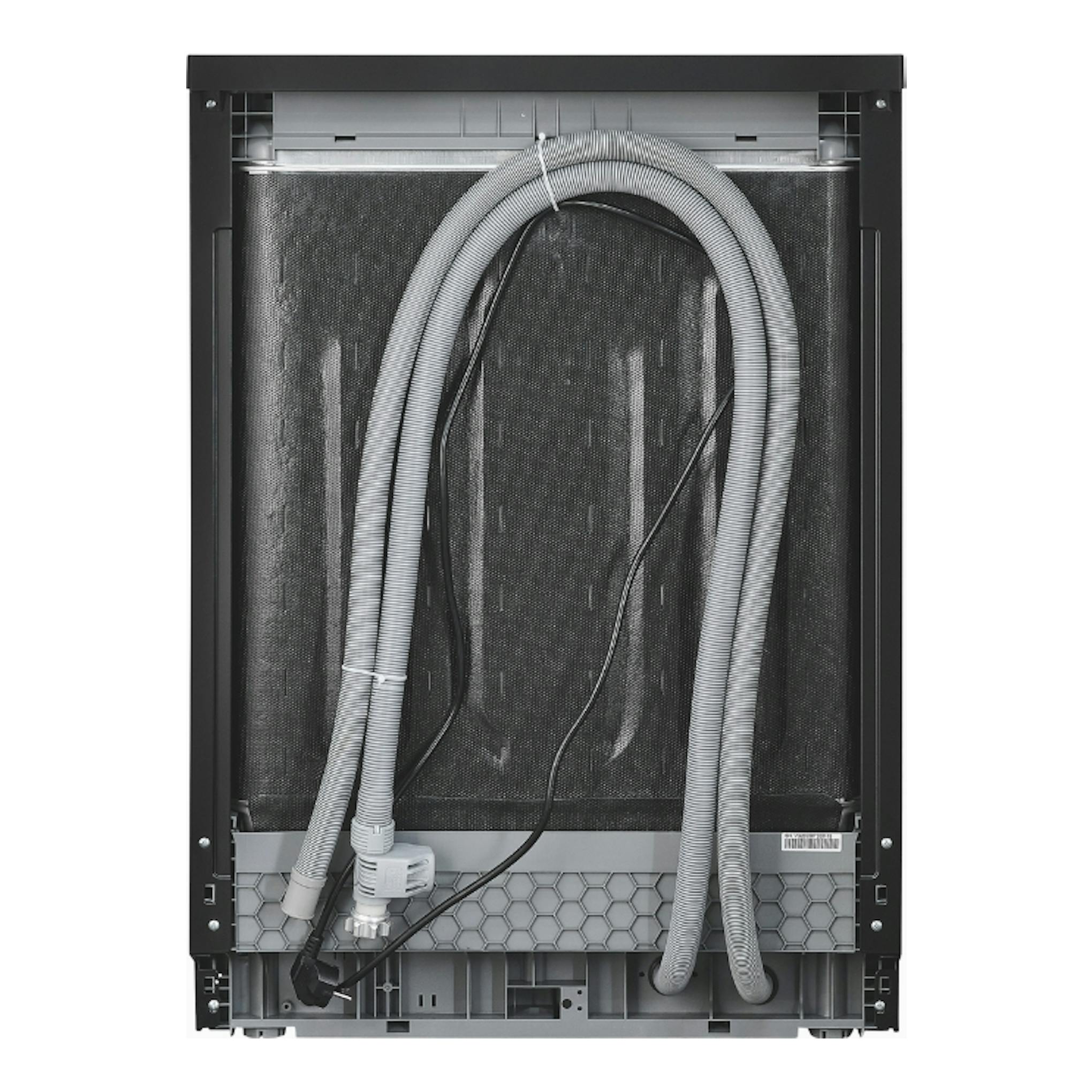 Lavavajillas Exquisit GSP9114-450D negro, visto por detrás, con mangueras y cables visibles.
