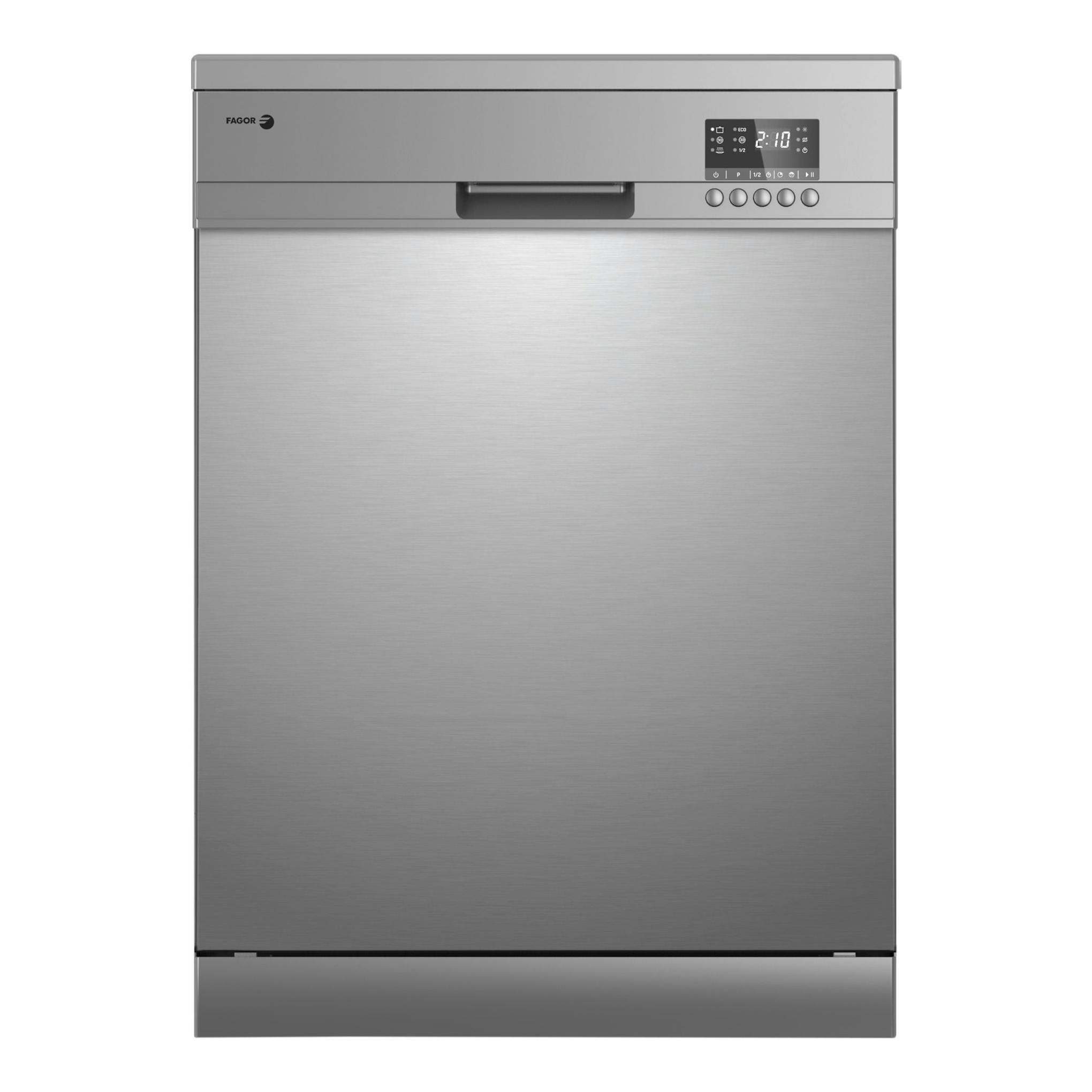 Lavavajillas Fagor 3LVF-625X en acero inoxidable, vista frontal, con panel digital superior derecho.