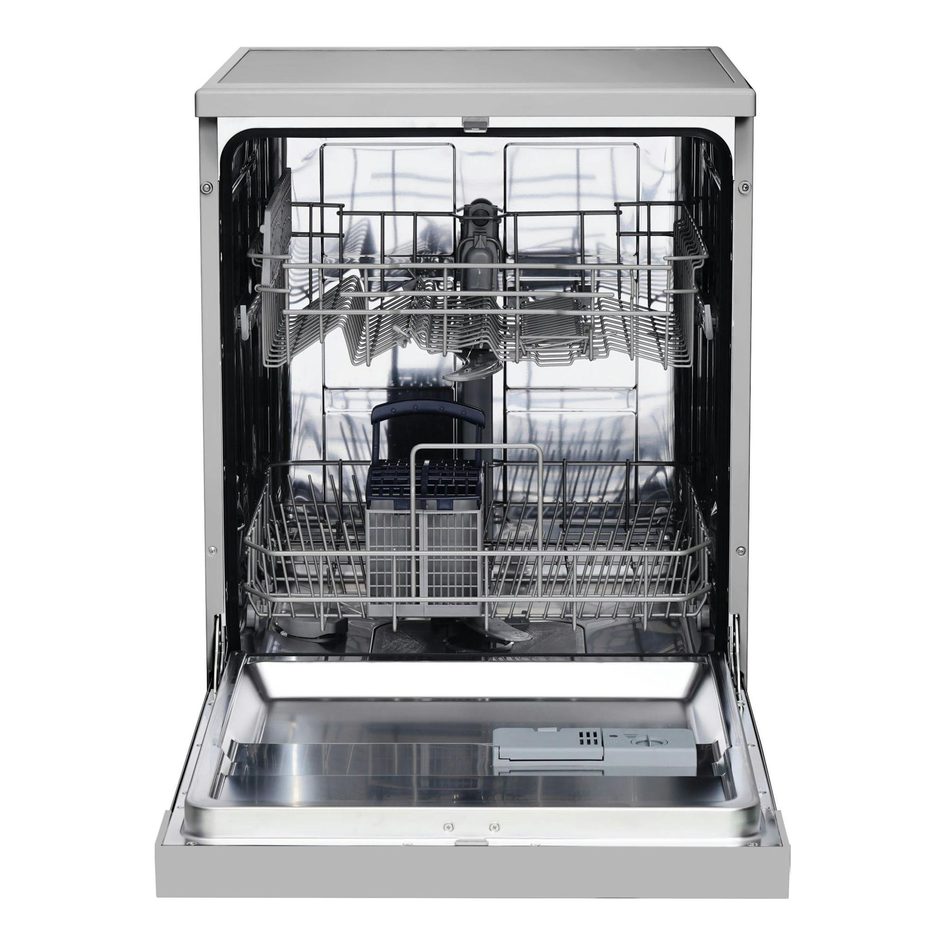 Lavavajillas Fagor 3LVF-625X abierto, vista frontal, acabado inox, con cestas interiores.