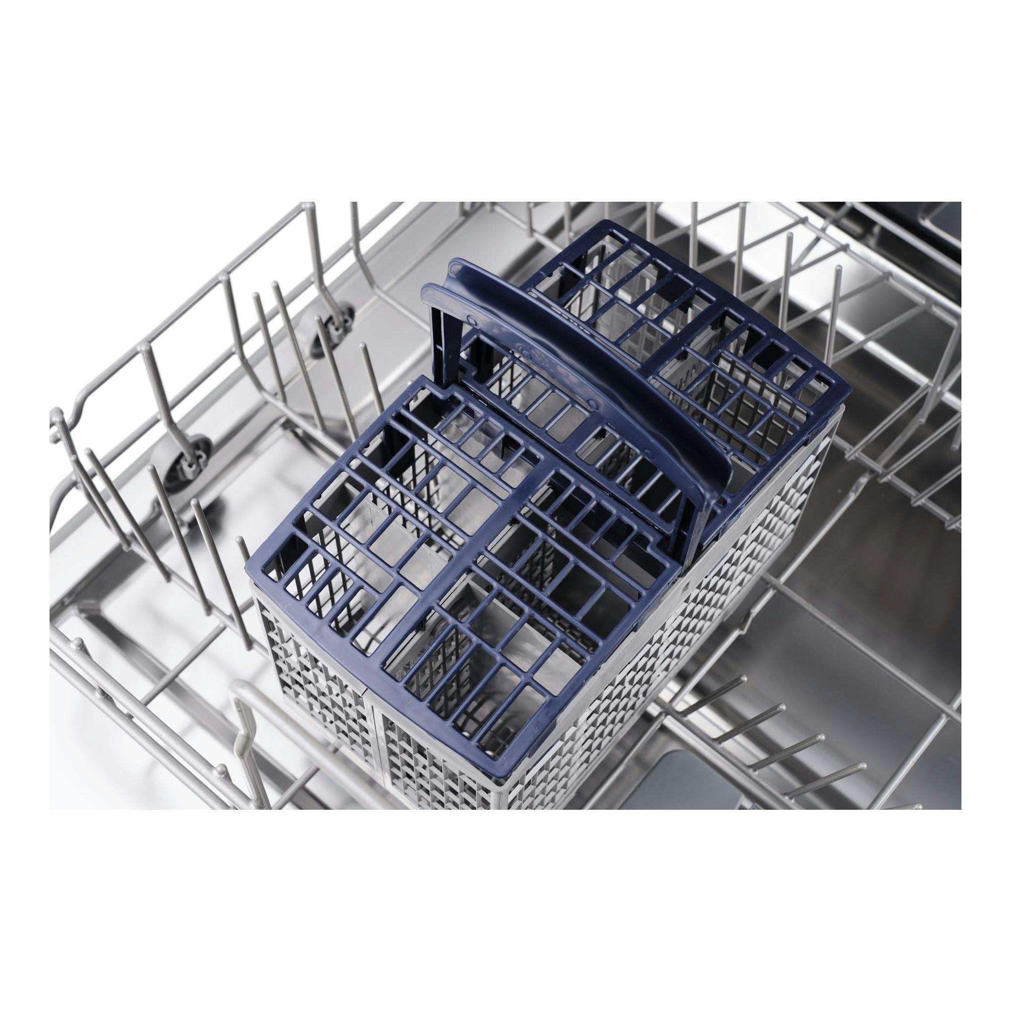 Interior de lavavajillas Fagor 3LVF-625X en inox, con cesta azul para cubiertos.