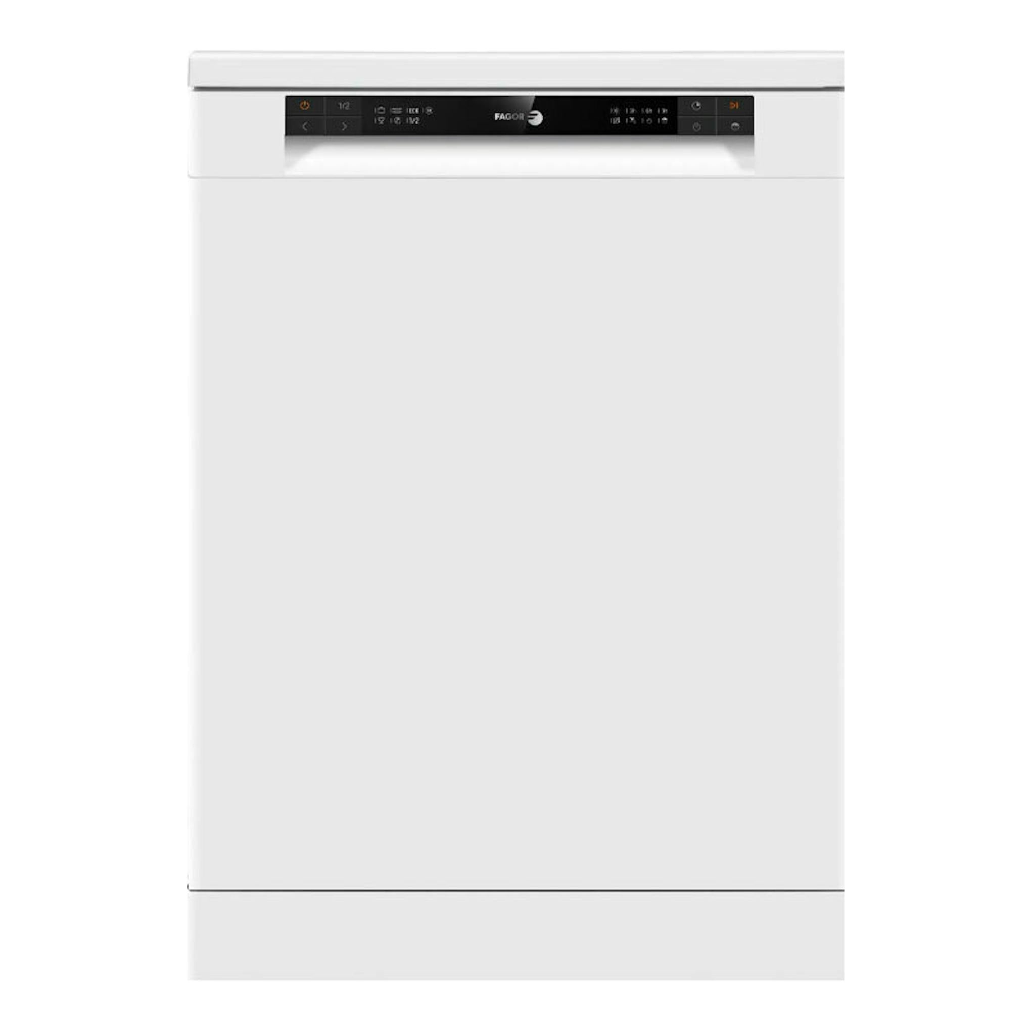 Lavavajillas Fagor 3LVF620M blanco, vista frontal, panel negro superior.