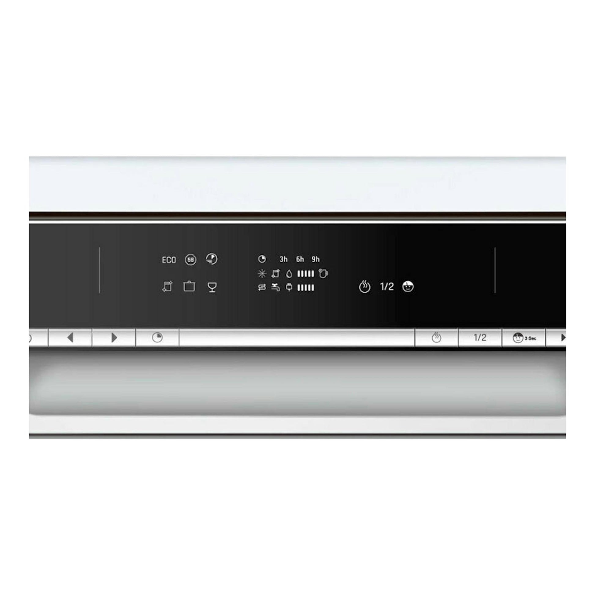 Lavavajillas Fagor 4LVF-421, vista frontal del panel de control negro en un cuerpo blanco.