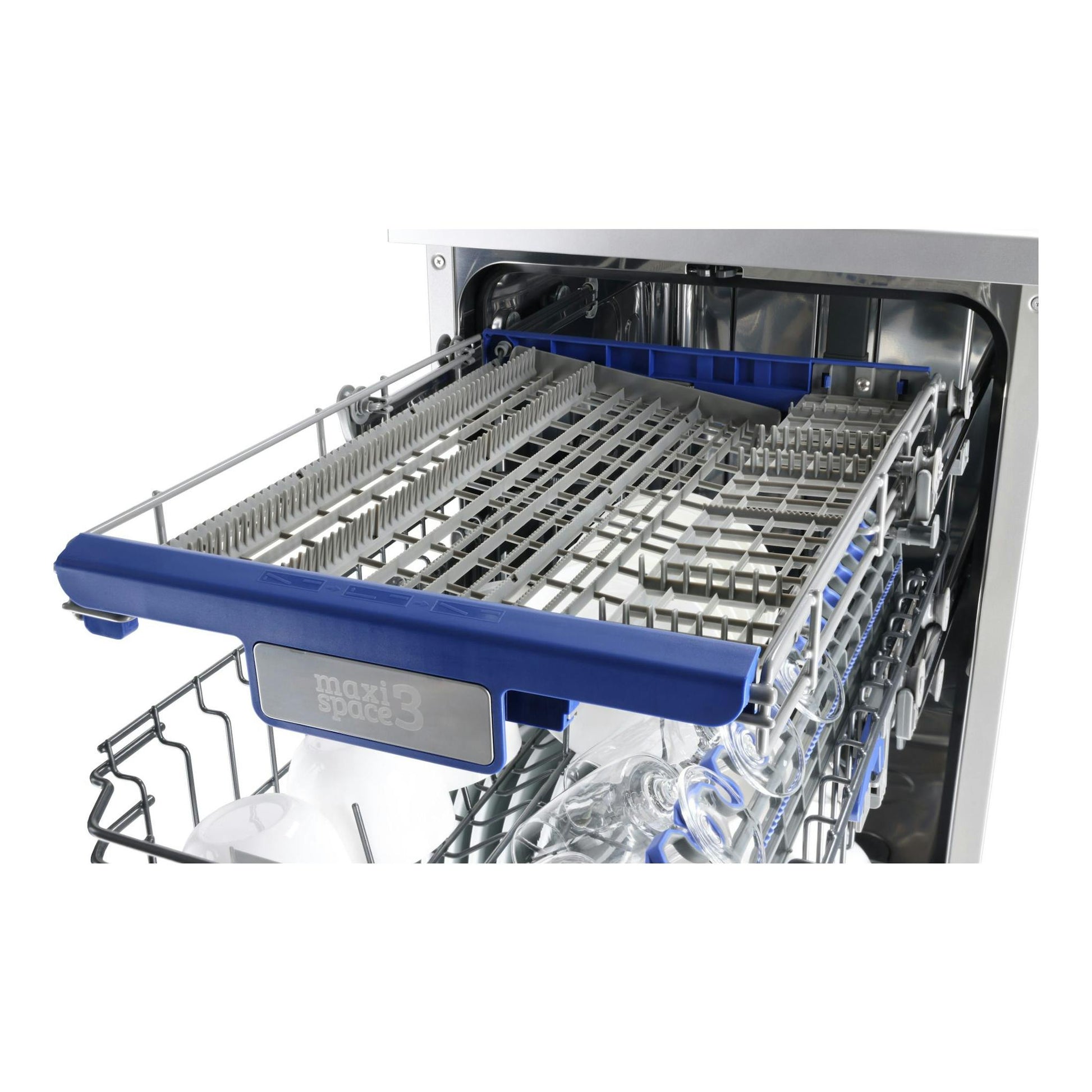 Lavavajillas Fagor 4LVF-436ADX de acero inoxidable, con cesta interior extraída y rejilla azul.