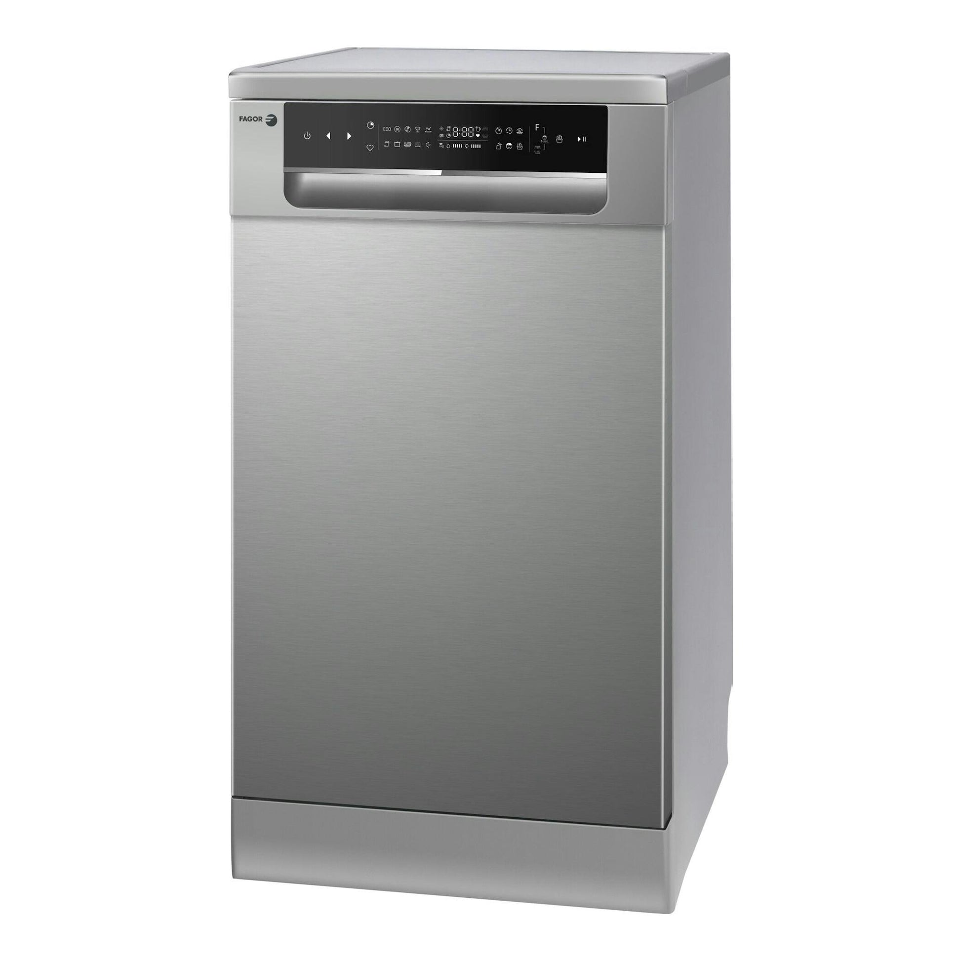 Lavavajillas Fagor 4LVF-437ADX de libre instalación, acero inoxidable, vista frontal en ángulo.