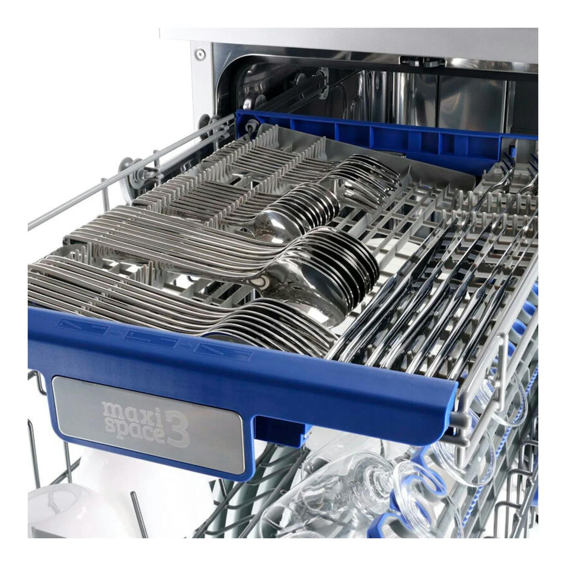 Interior de lavavajillas Fagor 4LVF-438ADX de 45 cm, con cesta azul y cubiertos en vista frontal.