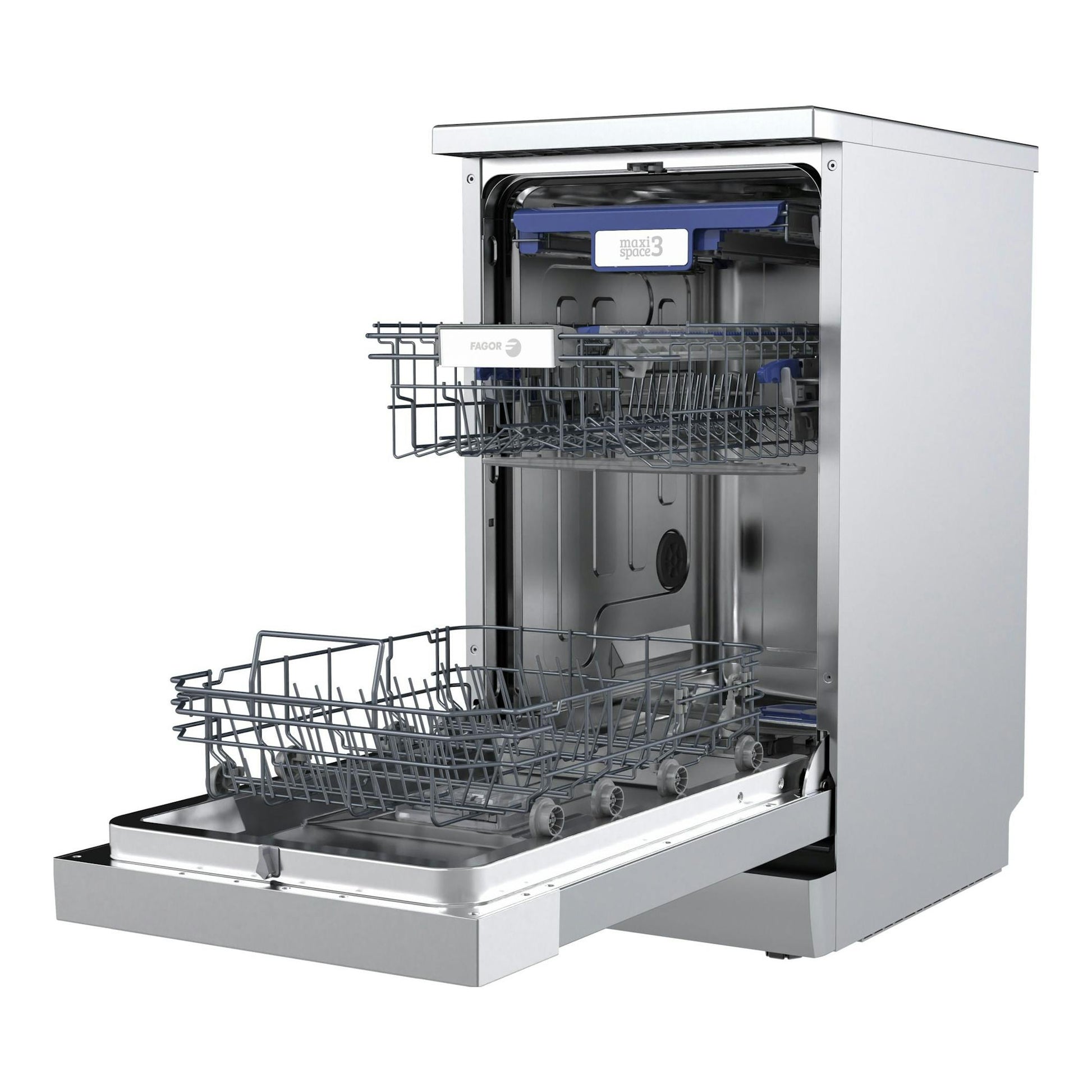 Lavavajillas Fagor 4LVF-439ADX inox, de libre instalación, con puerta abierta y cestas extraíbles.