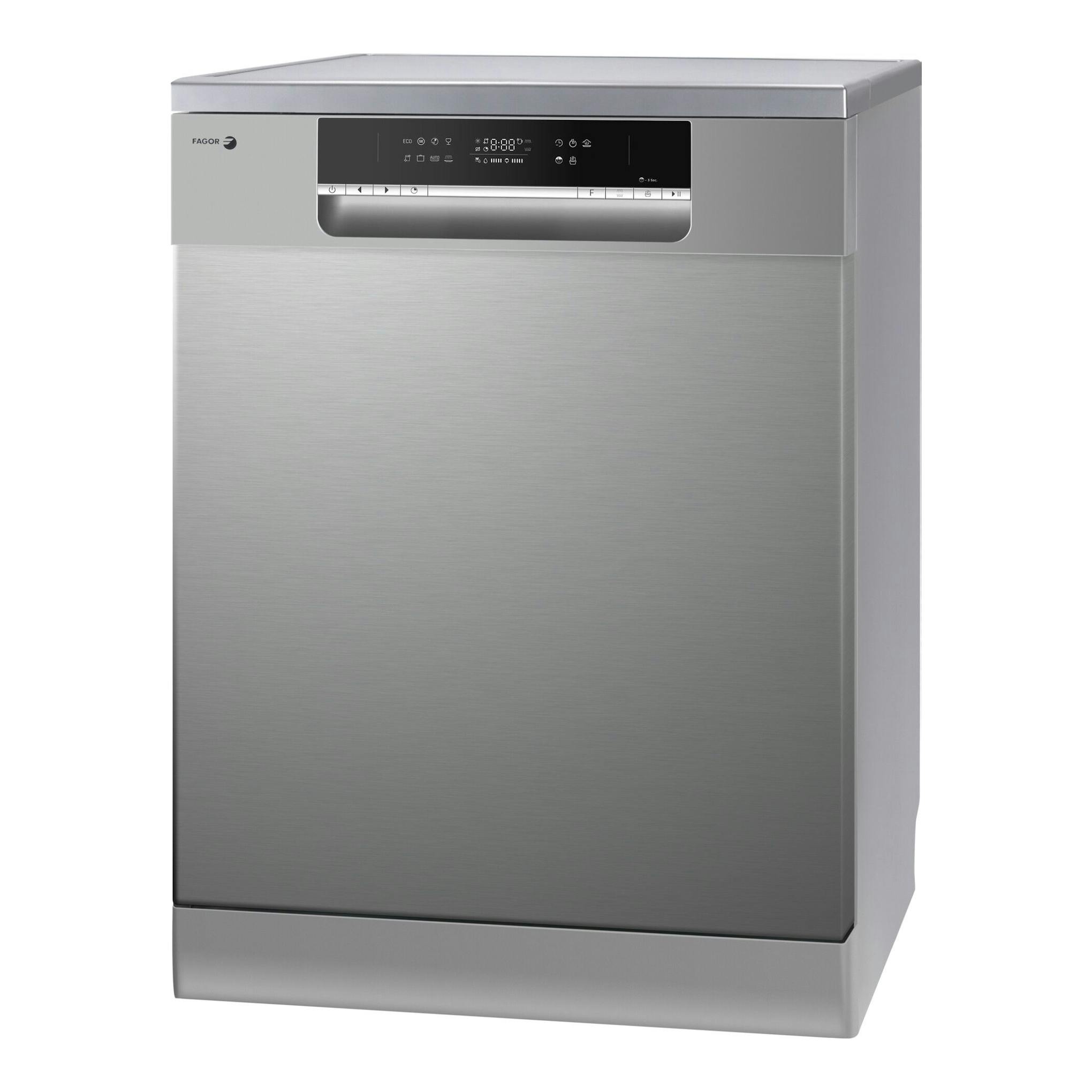 Lavavajillas Fagor 4LVF-623ADX de acero inoxidable, vista frontal con panel de control negro superior.