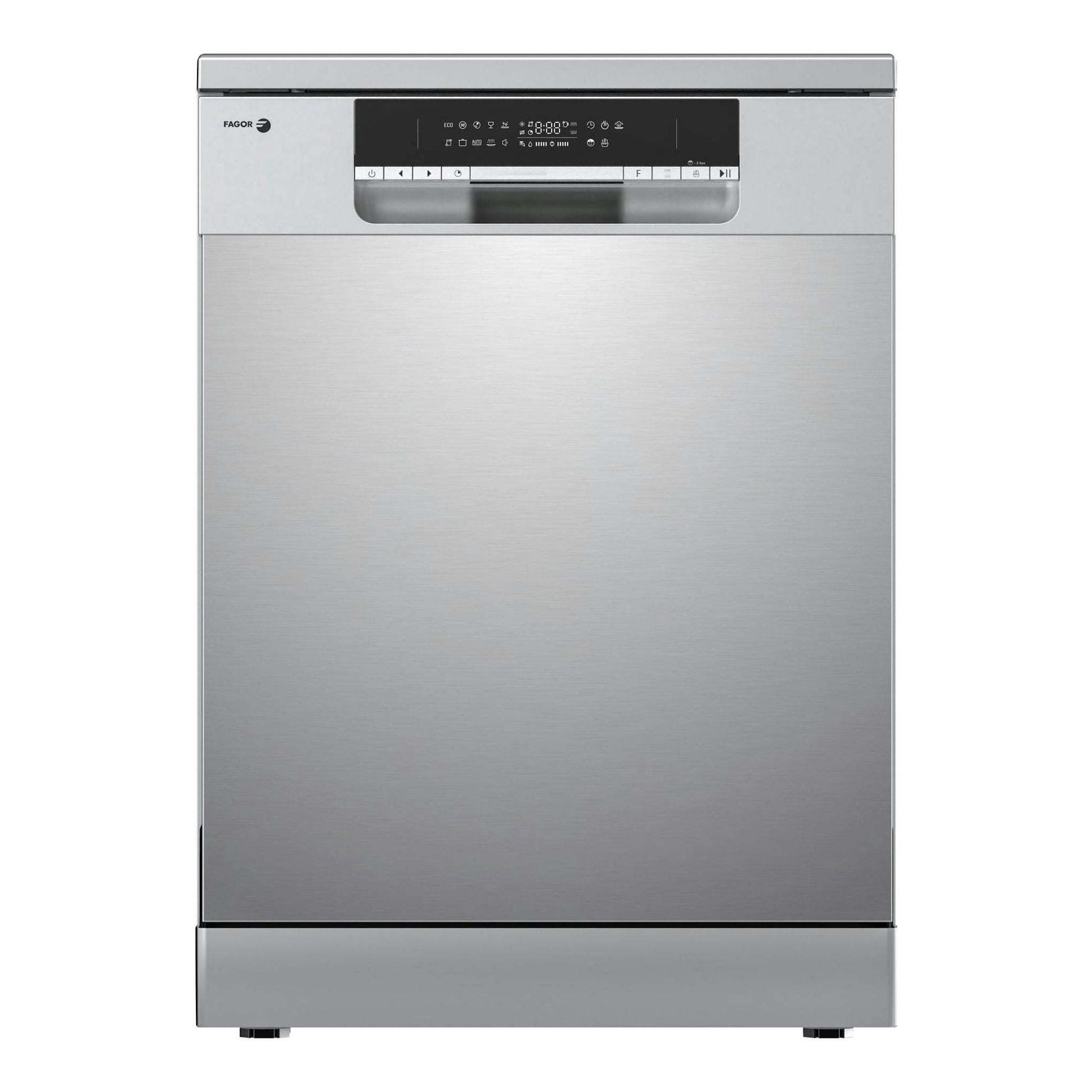 Lavavajillas Fagor 4LVF-636ADX en acero inoxidable, vista frontal, con panel de control negro superior.