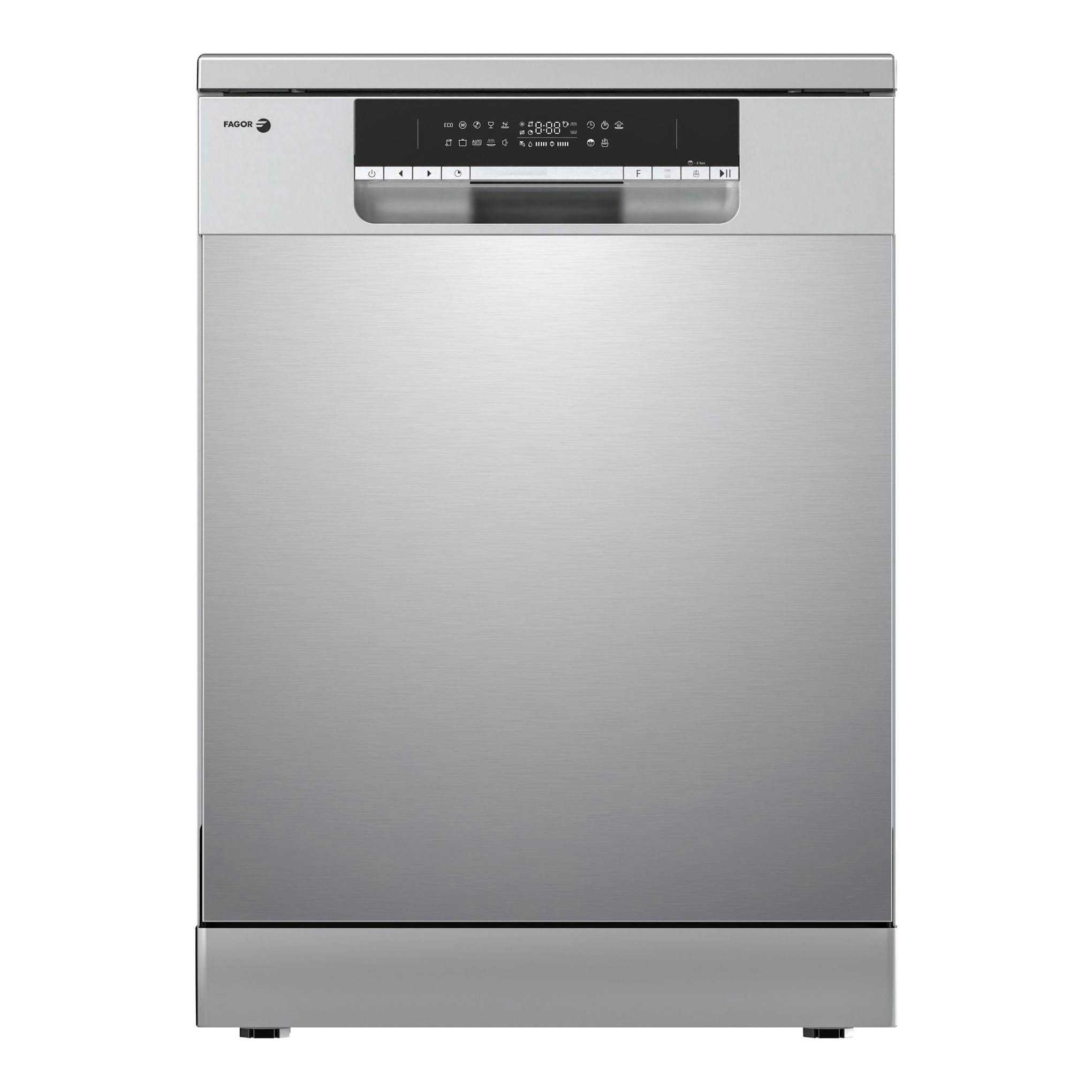 Lavavajillas Fagor 4LVF-636ADX en acero inoxidable, vista frontal, con panel de control negro superior.