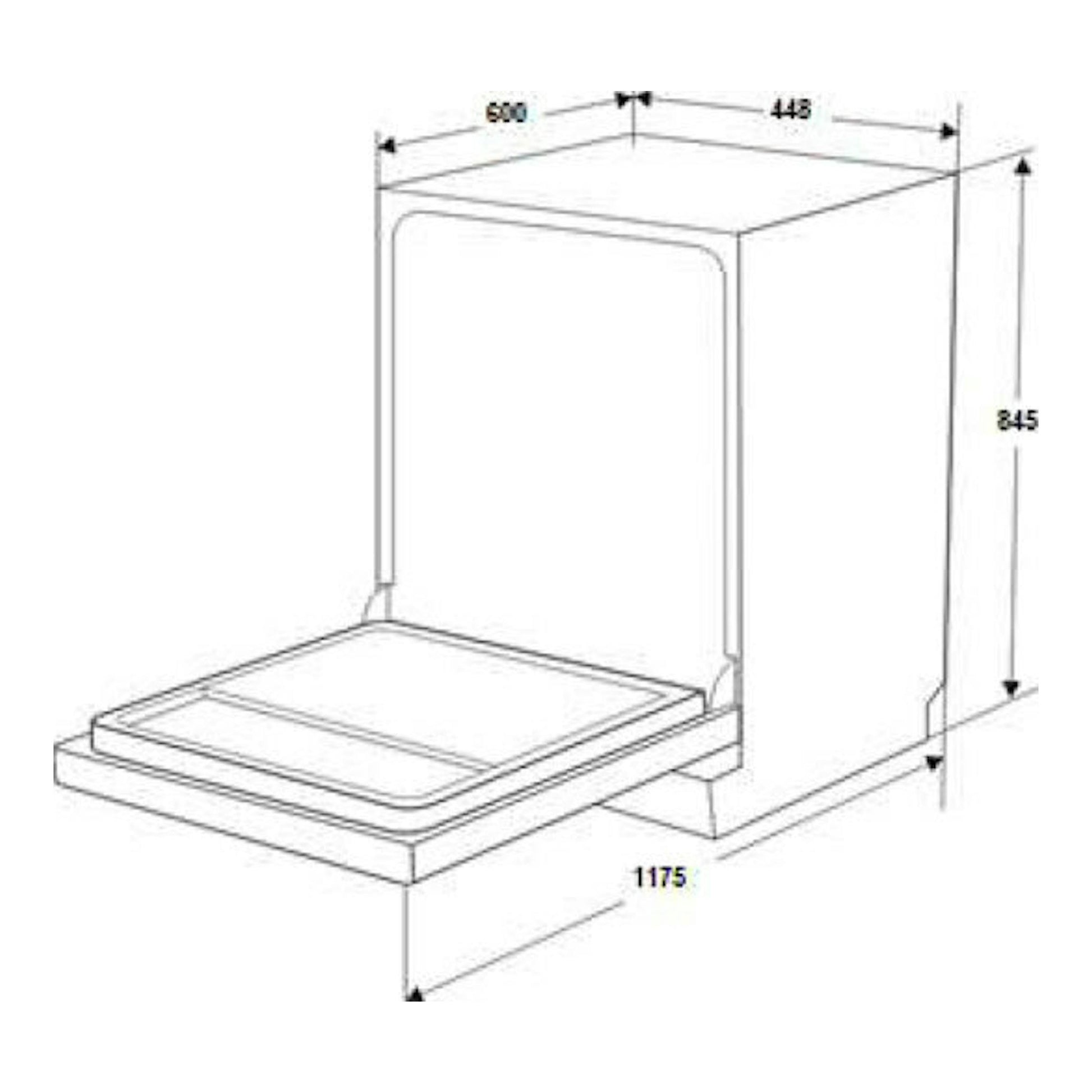 Lavavajillas Fagor 4LVF435ADX 45 cm, dibujo técnico en blanco y negro con puerta abierta y medidas.