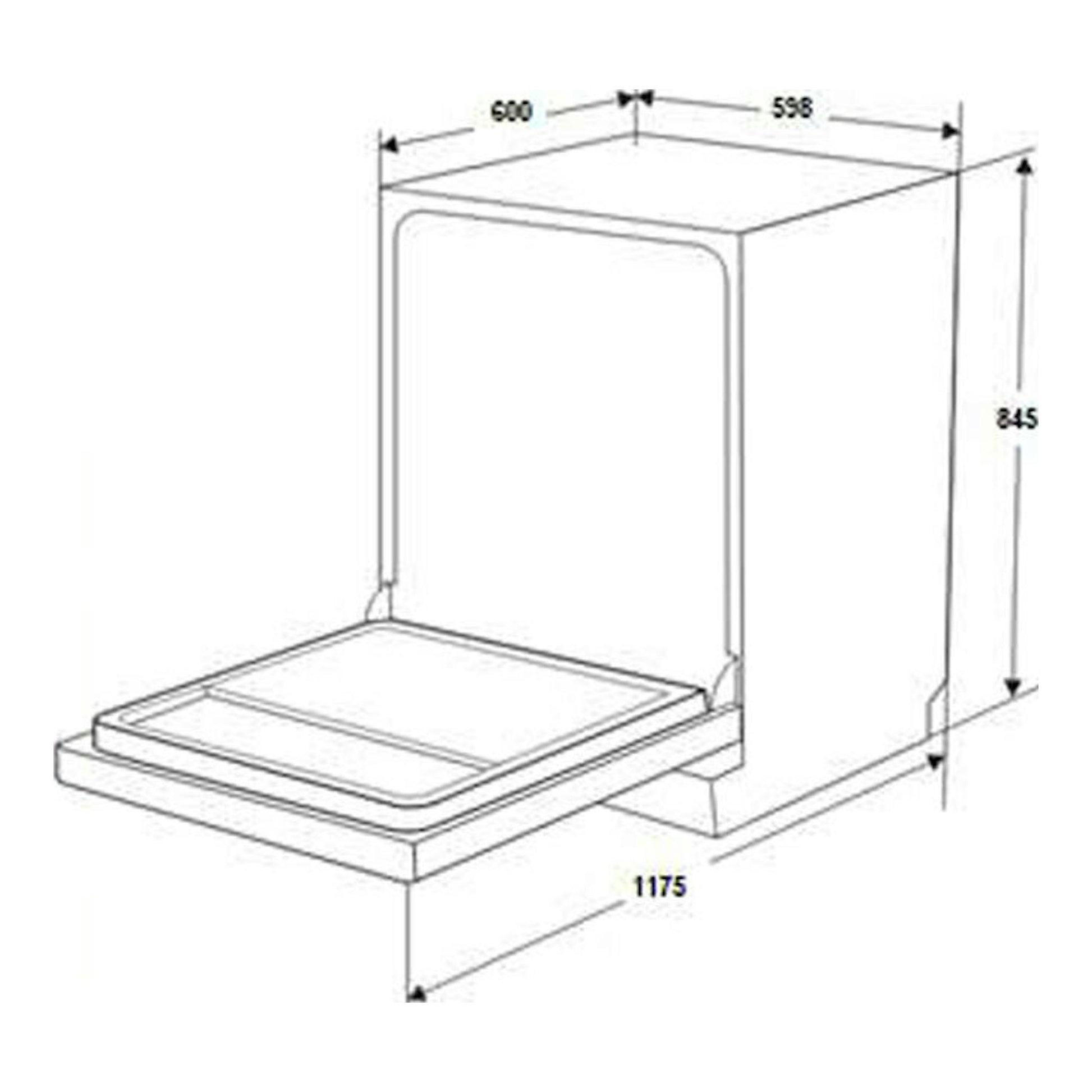 Lavavajillas Fagor 4LVF621, dibujo técnico en vista frontal tres cuartos, con puerta abatida, color blanco.